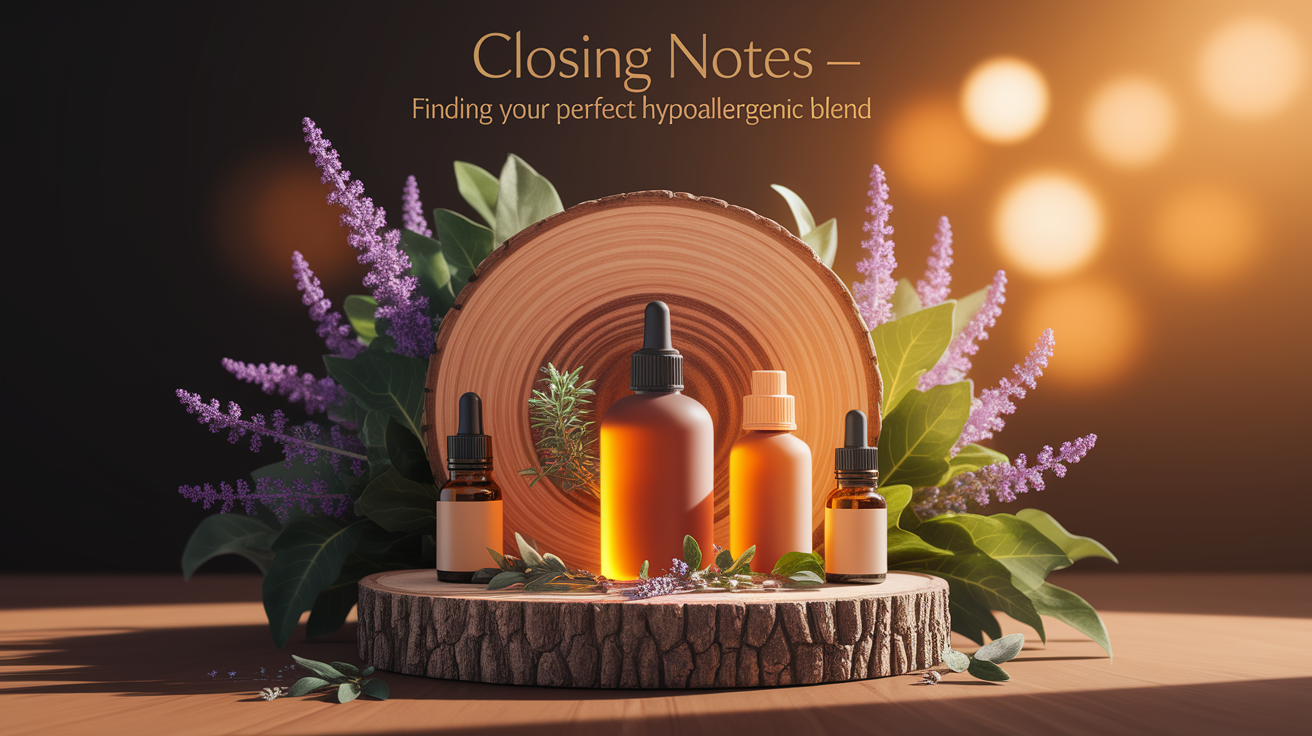 A conceptual illustration representing Closing Notesâ€”Finding Your Perfect Hypoallergenic Blend. Visualize the main ideas: . Creative but clear representation of the concept. Style: Use shallow depth of field with selective focus to create a professional, intimate feel  Employ warm, natural lighting that casts a honey-golden glow on the main subjects  Position items on a rustic wooden surface, preferably a cross-section of a tree trunk with visible rings and natural texture  Incorporate vibrant green foliage and delicate purple flowers around the composition's edges  Maintain a soft, gently blurred natural background with subtle bokeh effect  Feature a harmonious color palette of amber, deep greens, and soft purples  Arrange elements at varying heights to create visual interest and natural flow  Create a clean, uncluttered composition that feels organic yet intentional  Capture fine details and textures with macro-photography techniques  Evoke a serene, botanical spa-like atmosphere that feels both premium and natural. high quality, detailed, professional, clean composition, good lighting, sharp focus, well-composed. high quality, professional, detailed, well-composed