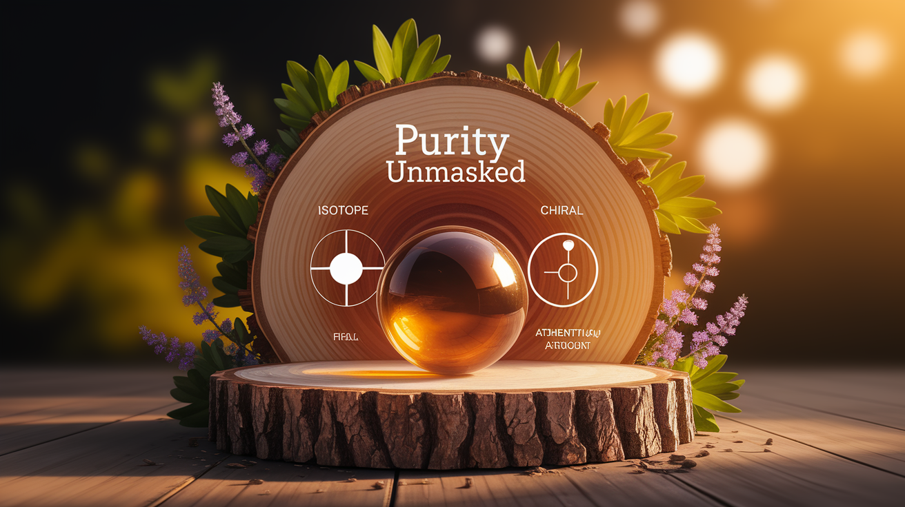 A conceptual illustration representing Introduction: Purity Unmasked with Isotope and Chiral Authentication. Visualize the main ideas: . Creative but clear representation of the concept. Style: Use shallow depth of field with selective focus to create a professional, intimate feel Employ warm, natural lighting that casts a honey-golden glow on the main subjects Position items on a rustic wooden surface, preferably a cross-section of a tree trunk with visible rings and natural texture Incorporate vibrant green foliage and delicate purple flowers around the composition's edges Maintain a soft, gently blurred natural background with subtle bokeh effect Feature a harmonious color palette of amber, deep greens, and soft purples Arrange elements at varying heights to create visual interest and natural flow Create a clean, uncluttered composition that feels organic yet intentional Capture fine details and textures with macro-photography techniques Evoke a serene, botanical spa-like atmosphere that feels both premium and natural. high quality, detailed, professional, clean composition, good lighting, sharp focus, well-composed. high quality, professional, detailed, well-composed