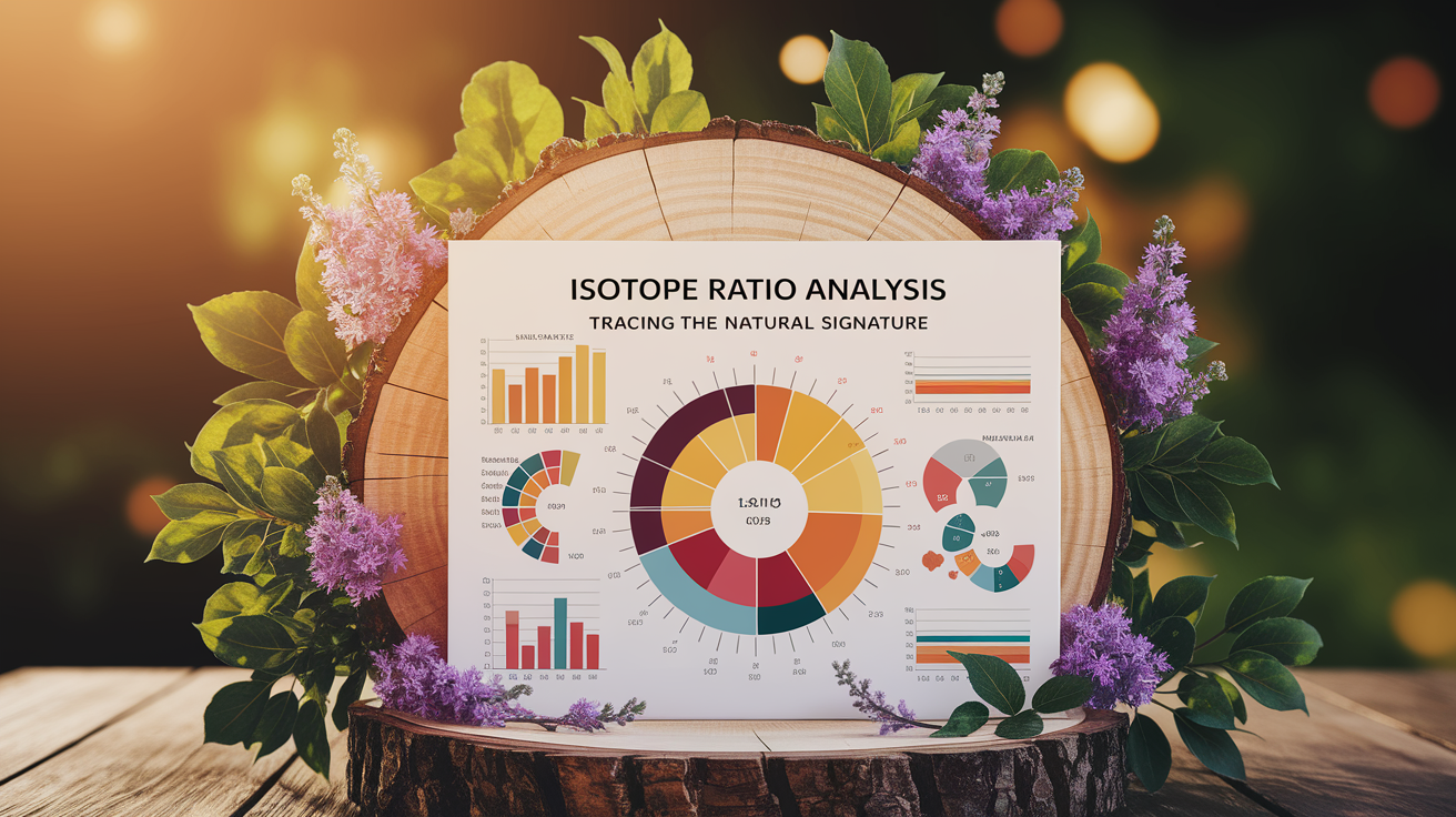 A clean, professional data visualization or infographic related to Isotope Ratio Analysis: Tracing the Natural Signature. Include elements like charts, graphs, or statistical representations. Focus on . Style: Use shallow depth of field with selective focus to create a professional, intimate feel Employ warm, natural lighting that casts a honey-golden glow on the main subjects Position items on a rustic wooden surface, preferably a cross-section of a tree trunk with visible rings and natural texture Incorporate vibrant green foliage and delicate purple flowers around the composition's edges Maintain a soft, gently blurred natural background with subtle bokeh effect Feature a harmonious color palette of amber, deep greens, and soft purples Arrange elements at varying heights to create visual interest and natural flow Create a clean, uncluttered composition that feels organic yet intentional Capture fine details and textures with macro-photography techniques Evoke a serene, botanical spa-like atmosphere that feels both premium and natural. high quality, detailed, professional, clean composition, good lighting, sharp focus, well-composed. high quality, professional, detailed, well-composed
