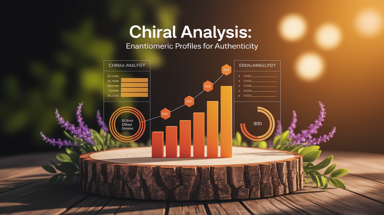 A clean, professional data visualization or infographic related to Chiral Analysis: Enantiomeric Profiles for Authenticity. Include elements like charts, graphs, or statistical representations. Focus on . Style: Use shallow depth of field with selective focus to create a professional, intimate feel Employ warm, natural lighting that casts a honey-golden glow on the main subjects Position items on a rustic wooden surface, preferably a cross-section of a tree trunk with visible rings and natural texture Incorporate vibrant green foliage and delicate purple flowers around the composition's edges Maintain a soft, gently blurred natural background with subtle bokeh effect Feature a harmonious color palette of amber, deep greens, and soft purples Arrange elements at varying heights to create visual interest and natural flow Create a clean, uncluttered composition that feels organic yet intentional Capture fine details and textures with macro-photography techniques Evoke a serene, botanical spa-like atmosphere that feels both premium and natural. high quality, detailed, professional, clean composition, good lighting, sharp focus, well-composed. high quality, professional, detailed, well-composed