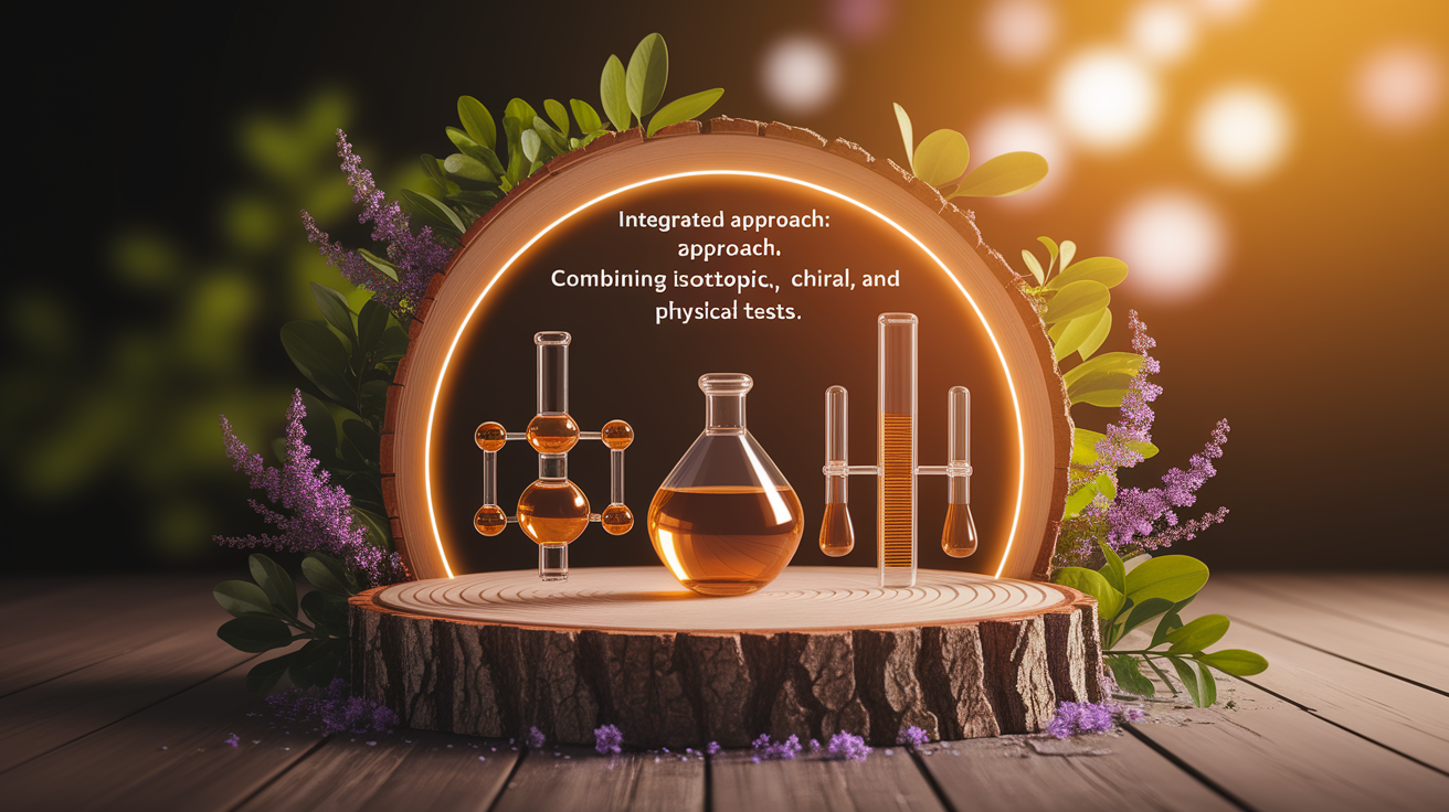 A conceptual illustration representing Integrated Approach: Combining Isotopic, Chiral, and Physical Tests. Visualize the main ideas: . Creative but clear representation of the concept. Style: Use shallow depth of field with selective focus to create a professional, intimate feel Employ warm, natural lighting that casts a honey-golden glow on the main subjects Position items on a rustic wooden surface, preferably a cross-section of a tree trunk with visible rings and natural texture Incorporate vibrant green foliage and delicate purple flowers around the composition's edges Maintain a soft, gently blurred natural background with subtle bokeh effect Feature a harmonious color palette of amber, deep greens, and soft purples Arrange elements at varying heights to create visual interest and natural flow Create a clean, uncluttered composition that feels organic yet intentional Capture fine details and textures with macro-photography techniques Evoke a serene, botanical spa-like atmosphere that feels both premium and natural. high quality, detailed, professional, clean composition, good lighting, sharp focus, well-composed. high quality, professional, detailed, well-composed