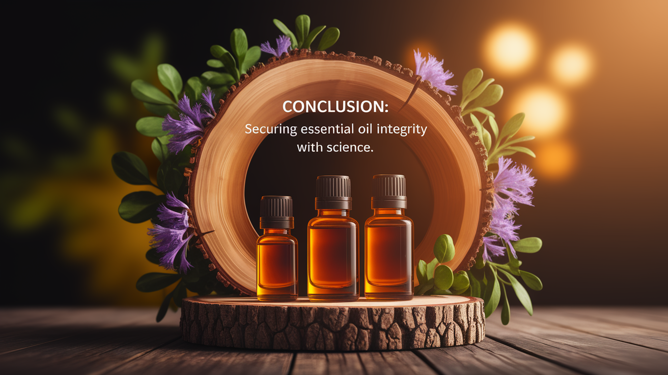 A conceptual illustration representing Conclusion: Securing Essential Oil Integrity with Science. Visualize the main ideas: . Creative but clear representation of the concept. Style: Use shallow depth of field with selective focus to create a professional, intimate feel Employ warm, natural lighting that casts a honey-golden glow on the main subjects Position items on a rustic wooden surface, preferably a cross-section of a tree trunk with visible rings and natural texture Incorporate vibrant green foliage and delicate purple flowers around the composition's edges Maintain a soft, gently blurred natural background with subtle bokeh effect Feature a harmonious color palette of amber, deep greens, and soft purples Arrange elements at varying heights to create visual interest and natural flow Create a clean, uncluttered composition that feels organic yet intentional Capture fine details and textures with macro-photography techniques Evoke a serene, botanical spa-like atmosphere that feels both premium and natural. high quality, detailed, professional, clean composition, good lighting, sharp focus, well-composed. high quality, professional, detailed, well-composed