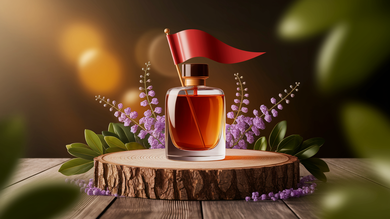A conceptual illustration representing A Fragrant Red Flag. Visualize the main ideas: . Creative but clear representation of the concept. Style: Use shallow depth of field with selective focus to create a professional, intimate feel Employ warm, natural lighting that casts a honey-golden glow on the main subjects Position items on a rustic wooden surface, preferably a cross-section of a tree trunk with visible rings and natural texture Incorporate vibrant green foliage and delicate purple flowers around the composition's edges Maintain a soft, gently blurred natural background with subtle bokeh effect Feature a harmonious color palette of amber, deep greens, and soft purples Arrange elements at varying heights to create visual interest and natural flow Create a clean, uncluttered composition that feels organic yet intentional Capture fine details and textures with macro-photography techniques Evoke a serene, botanical spa-like atmosphere that feels both premium and natural. high quality, detailed, professional, clean composition, good lighting, sharp focus, well-composed. high quality, professional, detailed, well-composed