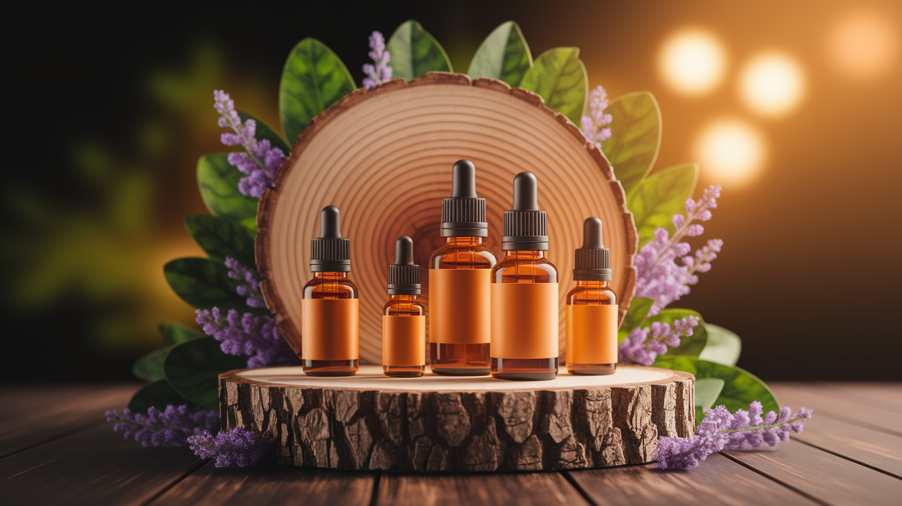 A conceptual illustration representing How Essential Oils Interact with Hormone Pathways. Visualize the main ideas: . Creative but clear representation of the concept. Style: Use shallow depth of field with selective focus to create a professional, intimate feel Employ warm, natural lighting that casts a honey-golden glow on the main subjects Position items on a rustic wooden surface, preferably a cross-section of a tree trunk with visible rings and natural texture Incorporate vibrant green foliage and delicate purple flowers around the composition's edges Maintain a soft, gently blurred natural background with subtle bokeh effect Feature a harmonious color palette of amber, deep greens, and soft purples Arrange elements at varying heights to create visual interest and natural flow Create a clean, uncluttered composition that feels organic yet intentional Capture fine details and textures with macro-photography techniques Evoke a serene, botanical spa-like atmosphere that feels both premium and natural. high quality, detailed, professional, clean composition, good lighting, sharp focus, well-composed. high quality, professional, detailed, well-composed