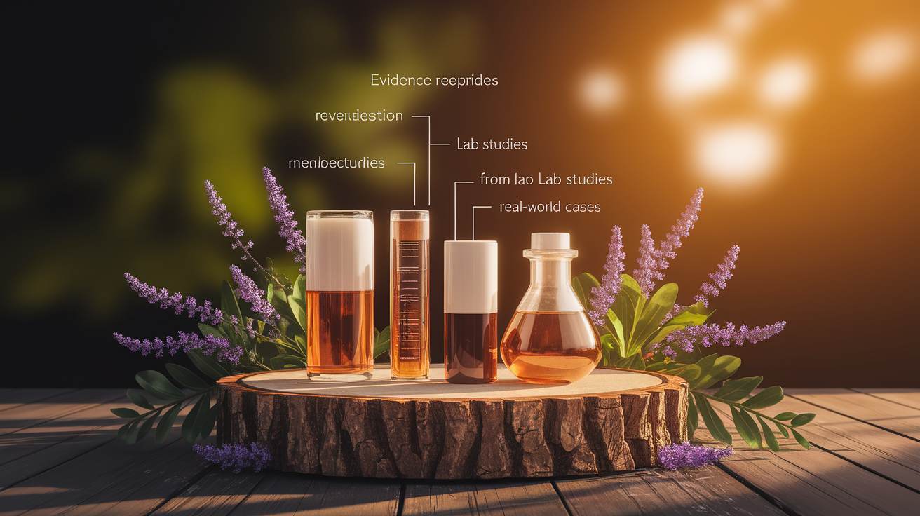 A conceptual illustration representing Evidence from Lab Studies to Real-World Cases. Visualize the main ideas: . Creative but clear representation of the concept. Style: Use shallow depth of field with selective focus to create a professional, intimate feel Employ warm, natural lighting that casts a honey-golden glow on the main subjects Position items on a rustic wooden surface, preferably a cross-section of a tree trunk with visible rings and natural texture Incorporate vibrant green foliage and delicate purple flowers around the composition's edges Maintain a soft, gently blurred natural background with subtle bokeh effect Feature a harmonious color palette of amber, deep greens, and soft purples Arrange elements at varying heights to create visual interest and natural flow Create a clean, uncluttered composition that feels organic yet intentional Capture fine details and textures with macro-photography techniques Evoke a serene, botanical spa-like atmosphere that feels both premium and natural. high quality, detailed, professional, clean composition, good lighting, sharp focus, well-composed. high quality, professional, detailed, well-composed
