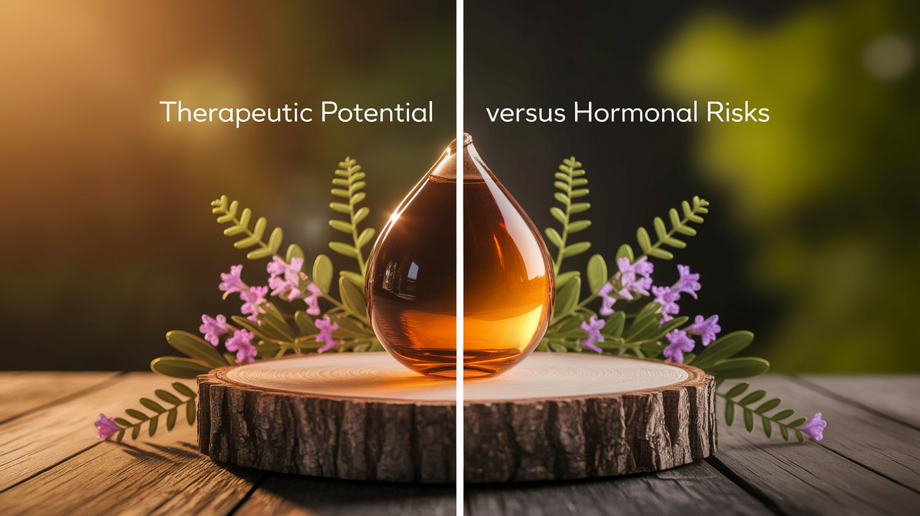 A side-by-side comparison visual for Therapeutic Potential Versus Hormonal Risks. Show contrasting elements: . Use clear visual separation, possibly with split-screen or before/after layout. Style: Use shallow depth of field with selective focus to create a professional, intimate feel Employ warm, natural lighting that casts a honey-golden glow on the main subjects Position items on a rustic wooden surface, preferably a cross-section of a tree trunk with visible rings and natural texture Incorporate vibrant green foliage and delicate purple flowers around the composition's edges Maintain a soft, gently blurred natural background with subtle bokeh effect Feature a harmonious color palette of amber, deep greens, and soft purples Arrange elements at varying heights to create visual interest and natural flow Create a clean, uncluttered composition that feels organic yet intentional Capture fine details and textures with macro-photography techniques Evoke a serene, botanical spa-like atmosphere that feels both premium and natural. high quality, detailed, professional, clean composition, good lighting, sharp focus, well-composed. high quality, professional, detailed, well-composed
