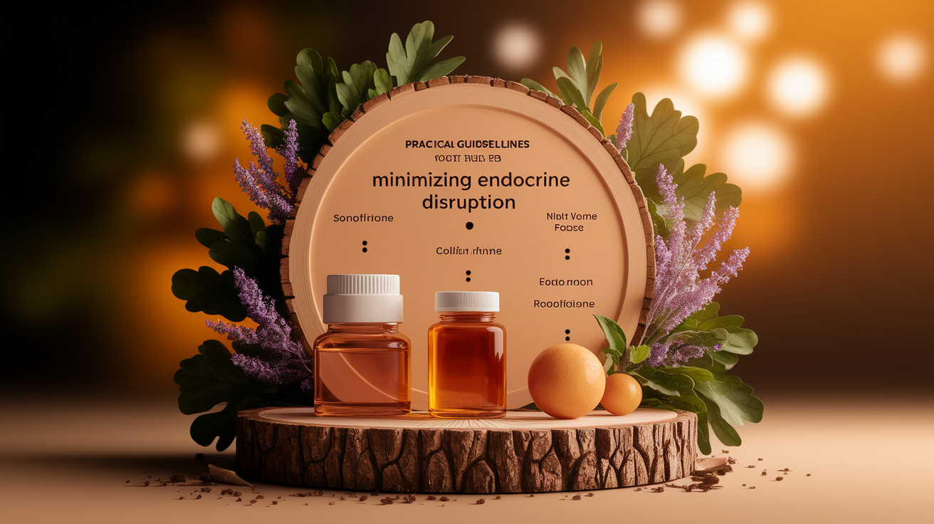 A conceptual illustration representing Practical Guidelines for Minimizing Endocrine Disruption. Visualize the main ideas: . Creative but clear representation of the concept. Style: Use shallow depth of field with selective focus to create a professional, intimate feel Employ warm, natural lighting that casts a honey-golden glow on the main subjects Position items on a rustic wooden surface, preferably a cross-section of a tree trunk with visible rings and natural texture Incorporate vibrant green foliage and delicate purple flowers around the composition's edges Maintain a soft, gently blurred natural background with subtle bokeh effect Feature a harmonious color palette of amber, deep greens, and soft purples Arrange elements at varying heights to create visual interest and natural flow Create a clean, uncluttered composition that feels organic yet intentional Capture fine details and textures with macro-photography techniques Evoke a serene, botanical spa-like atmosphere that feels both premium and natural. high quality, detailed, professional, clean composition, good lighting, sharp focus, well-composed. high quality, professional, detailed, well-composed