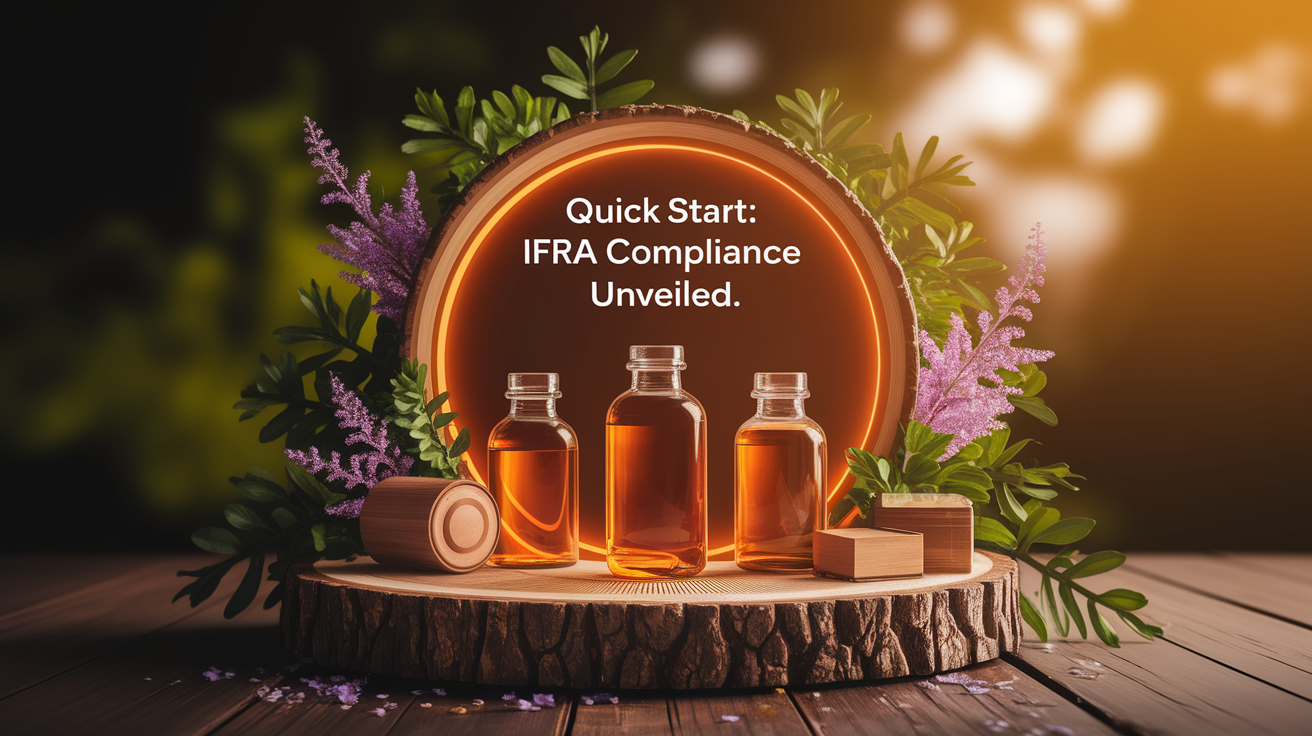 A conceptual illustration representing Quick Start: IFRA Compliance Unveiled. Visualize the main ideas: . Creative but clear representation of the concept. Style: Use shallow depth of field with selective focus to create a professional, intimate feel Employ warm, natural lighting that casts a honey-golden glow on the main subjects Position items on a rustic wooden surface, preferably a cross-section of a tree trunk with visible rings and natural texture Incorporate vibrant green foliage and delicate purple flowers around the composition's edges Maintain a soft, gently blurred natural background with subtle bokeh effect Feature a harmonious color palette of amber, deep greens, and soft purples Arrange elements at varying heights to create visual interest and natural flow Create a clean, uncluttered composition that feels organic yet intentional Capture fine details and textures with macro-photography techniques Evoke a serene, botanical spa-like atmosphere that feels both premium and natural. high quality, detailed, professional, clean composition, good lighting, sharp focus, well-composed. high quality, professional, detailed, well-composed