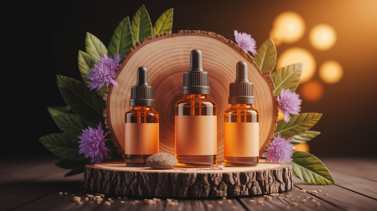 A conceptual illustration representing Identifying Restricted Components in Your Oils. Visualize the main ideas: . Creative but clear representation of the concept. Style: Use shallow depth of field with selective focus to create a professional, intimate feel Employ warm, natural lighting that casts a honey-golden glow on the main subjects Position items on a rustic wooden surface, preferably a cross-section of a tree trunk with visible rings and natural texture Incorporate vibrant green foliage and delicate purple flowers around the composition's edges Maintain a soft, gently blurred natural background with subtle bokeh effect Feature a harmonious color palette of amber, deep greens, and soft purples Arrange elements at varying heights to create visual interest and natural flow Create a clean, uncluttered composition that feels organic yet intentional Capture fine details and textures with macro-photography techniques Evoke a serene, botanical spa-like atmosphere that feels both premium and natural. high quality, detailed, professional, clean composition, good lighting, sharp focus, well-composed. high quality, professional, detailed, well-composed