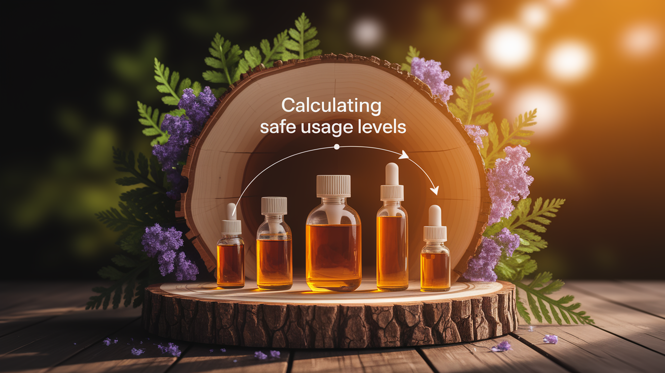 A conceptual illustration representing Calculating Safe Usage Levels. Visualize the main ideas: . Creative but clear representation of the concept. Style: Use shallow depth of field with selective focus to create a professional, intimate feel Employ warm, natural lighting that casts a honey-golden glow on the main subjects Position items on a rustic wooden surface, preferably a cross-section of a tree trunk with visible rings and natural texture Incorporate vibrant green foliage and delicate purple flowers around the composition's edges Maintain a soft, gently blurred natural background with subtle bokeh effect Feature a harmonious color palette of amber, deep greens, and soft purples Arrange elements at varying heights to create visual interest and natural flow Create a clean, uncluttered composition that feels organic yet intentional Capture fine details and textures with macro-photography techniques Evoke a serene, botanical spa-like atmosphere that feels both premium and natural. high quality, detailed, professional, clean composition, good lighting, sharp focus, well-composed. high quality, professional, detailed, well-composed