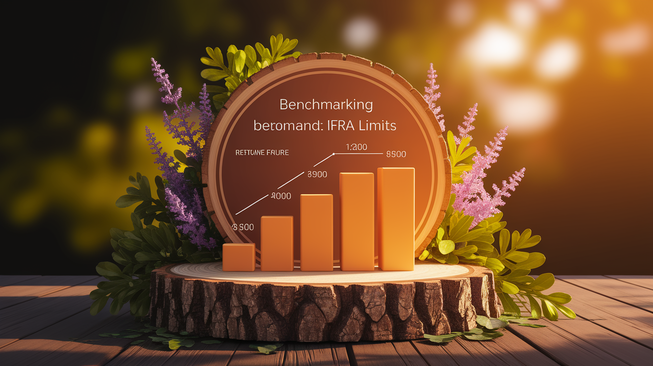 A conceptual illustration representing Benchmarking Against IFRA Limits. Visualize the main ideas: . Creative but clear representation of the concept. Style: Use shallow depth of field with selective focus to create a professional, intimate feel Employ warm, natural lighting that casts a honey-golden glow on the main subjects Position items on a rustic wooden surface, preferably a cross-section of a tree trunk with visible rings and natural texture Incorporate vibrant green foliage and delicate purple flowers around the composition's edges Maintain a soft, gently blurred natural background with subtle bokeh effect Feature a harmonious color palette of amber, deep greens, and soft purples Arrange elements at varying heights to create visual interest and natural flow Create a clean, uncluttered composition that feels organic yet intentional Capture fine details and textures with macro-photography techniques Evoke a serene, botanical spa-like atmosphere that feels both premium and natural. high quality, detailed, professional, clean composition, good lighting, sharp focus, well-composed. high quality, professional, detailed, well-composed