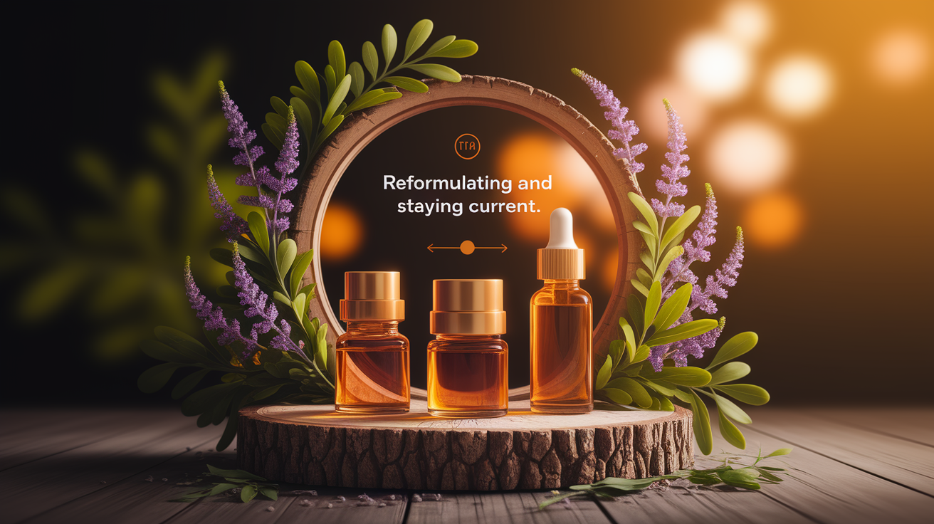 A conceptual illustration representing Reformulating and Staying Current. Visualize the main ideas: . Creative but clear representation of the concept. Style: Use shallow depth of field with selective focus to create a professional, intimate feel Employ warm, natural lighting that casts a honey-golden glow on the main subjects Position items on a rustic wooden surface, preferably a cross-section of a tree trunk with visible rings and natural texture Incorporate vibrant green foliage and delicate purple flowers around the composition's edges Maintain a soft, gently blurred natural background with subtle bokeh effect Feature a harmonious color palette of amber, deep greens, and soft purples Arrange elements at varying heights to create visual interest and natural flow Create a clean, uncluttered composition that feels organic yet intentional Capture fine details and textures with macro-photography techniques Evoke a serene, botanical spa-like atmosphere that feels both premium and natural. high quality, detailed, professional, clean composition, good lighting, sharp focus, well-composed. high quality, professional, detailed, well-composed