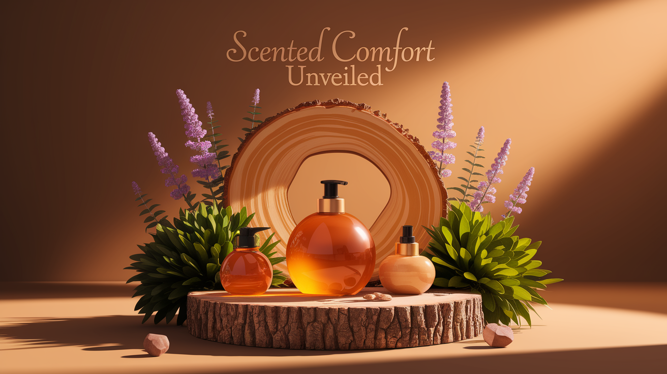 A conceptual illustration representing Scented Comfort Unveiled. Visualize the main ideas: . Creative but clear representation of the concept. Style: Use shallow depth of field with selective focus to create a professional, intimate feel Employ warm, natural lighting that casts a honey-golden glow on the main subjects Position items on a rustic wooden surface, preferably a cross-section of a tree trunk with visible rings and natural texture Incorporate vibrant green foliage and delicate purple flowers around the composition's edges Maintain a soft, gently blurred natural background with subtle bokeh effect Feature a harmonious color palette of amber, deep greens, and soft purples Arrange elements at varying heights to create visual interest and natural flow Create a clean, uncluttered composition that feels organic yet intentional Capture fine details and textures with macro-photography techniques Evoke a serene, botanical spa-like atmosphere that feels both premium and natural. high quality, detailed, professional, clean composition, good lighting, sharp focus, well-composed. high quality, professional, detailed, well-composed