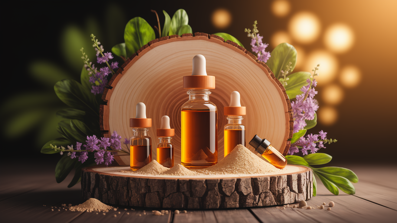 A conceptual illustration representing Embedding Essential Oils—The Microencapsulation Advantage. Visualize the main ideas: . Creative but clear representation of the concept. Style: Use shallow depth of field with selective focus to create a professional, intimate feel Employ warm, natural lighting that casts a honey-golden glow on the main subjects Position items on a rustic wooden surface, preferably a cross-section of a tree trunk with visible rings and natural texture Incorporate vibrant green foliage and delicate purple flowers around the composition's edges Maintain a soft, gently blurred natural background with subtle bokeh effect Feature a harmonious color palette of amber, deep greens, and soft purples Arrange elements at varying heights to create visual interest and natural flow Create a clean, uncluttered composition that feels organic yet intentional Capture fine details and textures with macro-photography techniques Evoke a serene, botanical spa-like atmosphere that feels both premium and natural. high quality, detailed, professional, clean composition, good lighting, sharp focus, well-composed. high quality, professional, detailed, well-composed