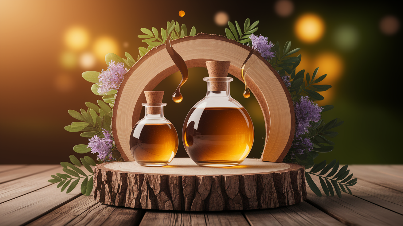A conceptual illustration representing How and When Oils Are Released. Visualize the main ideas: . Creative but clear representation of the concept. Style: Use shallow depth of field with selective focus to create a professional, intimate feel Employ warm, natural lighting that casts a honey-golden glow on the main subjects Position items on a rustic wooden surface, preferably a cross-section of a tree trunk with visible rings and natural texture Incorporate vibrant green foliage and delicate purple flowers around the composition's edges Maintain a soft, gently blurred natural background with subtle bokeh effect Feature a harmonious color palette of amber, deep greens, and soft purples Arrange elements at varying heights to create visual interest and natural flow Create a clean, uncluttered composition that feels organic yet intentional Capture fine details and textures with macro-photography techniques Evoke a serene, botanical spa-like atmosphere that feels both premium and natural. high quality, detailed, professional, clean composition, good lighting, sharp focus, well-composed. high quality, professional, detailed, well-composed