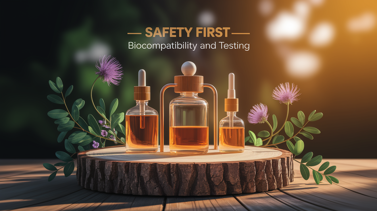 A conceptual illustration representing Safety First—Biocompatibility and Testing. Visualize the main ideas: . Creative but clear representation of the concept. Style: Use shallow depth of field with selective focus to create a professional, intimate feel Employ warm, natural lighting that casts a honey-golden glow on the main subjects Position items on a rustic wooden surface, preferably a cross-section of a tree trunk with visible rings and natural texture Incorporate vibrant green foliage and delicate purple flowers around the composition's edges Maintain a soft, gently blurred natural background with subtle bokeh effect Feature a harmonious color palette of amber, deep greens, and soft purples Arrange elements at varying heights to create visual interest and natural flow Create a clean, uncluttered composition that feels organic yet intentional Capture fine details and textures with macro-photography techniques Evoke a serene, botanical spa-like atmosphere that feels both premium and natural. high quality, detailed, professional, clean composition, good lighting, sharp focus, well-composed. high quality, professional, detailed, well-composed