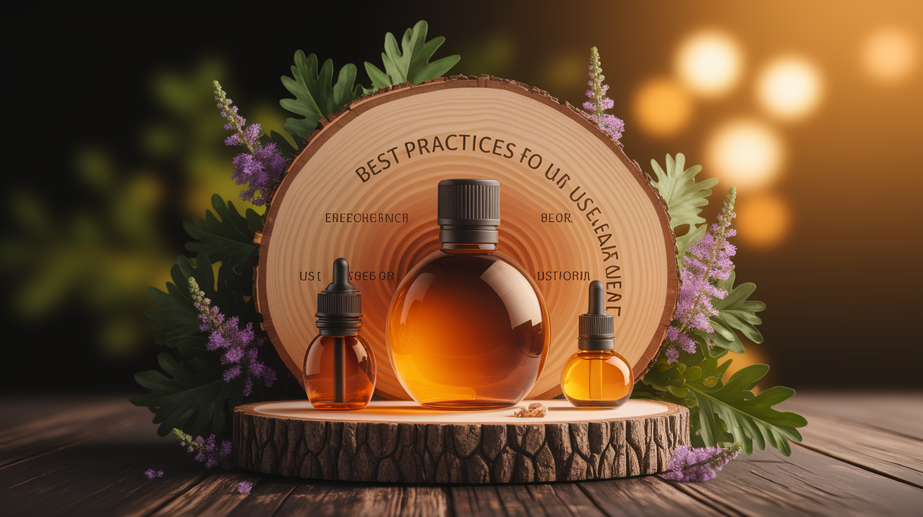 A conceptual illustration representing Best Practices for Use and Care. Visualize the main ideas: . Creative but clear representation of the concept. Style: Use shallow depth of field with selective focus to create a professional, intimate feel Employ warm, natural lighting that casts a honey-golden glow on the main subjects Position items on a rustic wooden surface, preferably a cross-section of a tree trunk with visible rings and natural texture Incorporate vibrant green foliage and delicate purple flowers around the composition's edges Maintain a soft, gently blurred natural background with subtle bokeh effect Feature a harmonious color palette of amber, deep greens, and soft purples Arrange elements at varying heights to create visual interest and natural flow Create a clean, uncluttered composition that feels organic yet intentional Capture fine details and textures with macro-photography techniques Evoke a serene, botanical spa-like atmosphere that feels both premium and natural. high quality, detailed, professional, clean composition, good lighting, sharp focus, well-composed. high quality, professional, detailed, well-composed