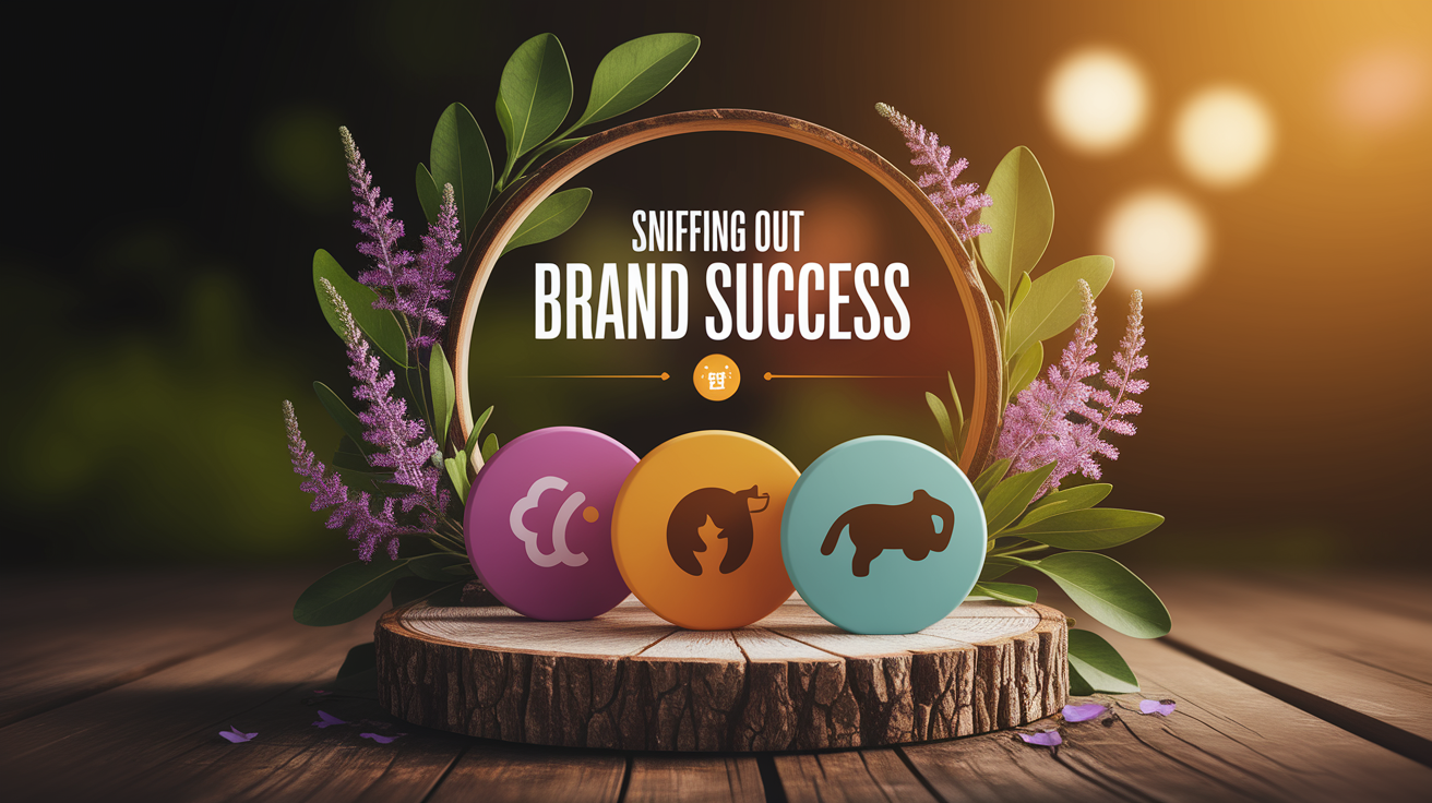 A conceptual illustration representing Sniffing Out Brand Success. Visualize the main ideas: . Creative but clear representation of the concept. Style: Use shallow depth of field with selective focus to create a professional, intimate feel Employ warm, natural lighting that casts a honey-golden glow on the main subjects Position items on a rustic wooden surface, preferably a cross-section of a tree trunk with visible rings and natural texture Incorporate vibrant green foliage and delicate purple flowers around the composition's edges Maintain a soft, gently blurred natural background with subtle bokeh effect Feature a harmonious color palette of amber, deep greens, and soft purples Arrange elements at varying heights to create visual interest and natural flow Create a clean, uncluttered composition that feels organic yet intentional Capture fine details and textures with macro-photography techniques Evoke a serene, botanical spa-like atmosphere that feels both premium and natural. high quality, detailed, professional, clean composition, good lighting, sharp focus, well-composed. high quality, professional, detailed, well-composed