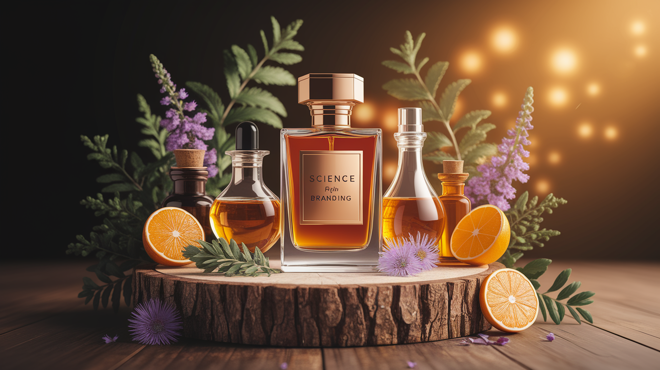 A conceptual illustration representing The Science Behind Scent Branding. Visualize the main ideas: . Creative but clear representation of the concept. Style: Use shallow depth of field with selective focus to create a professional, intimate feel Employ warm, natural lighting that casts a honey-golden glow on the main subjects Position items on a rustic wooden surface, preferably a cross-section of a tree trunk with visible rings and natural texture Incorporate vibrant green foliage and delicate purple flowers around the composition's edges Maintain a soft, gently blurred natural background with subtle bokeh effect Feature a harmonious color palette of amber, deep greens, and soft purples Arrange elements at varying heights to create visual interest and natural flow Create a clean, uncluttered composition that feels organic yet intentional Capture fine details and textures with macro-photography techniques Evoke a serene, botanical spa-like atmosphere that feels both premium and natural. high quality, detailed, professional, clean composition, good lighting, sharp focus, well-composed. high quality, professional, detailed, well-composed