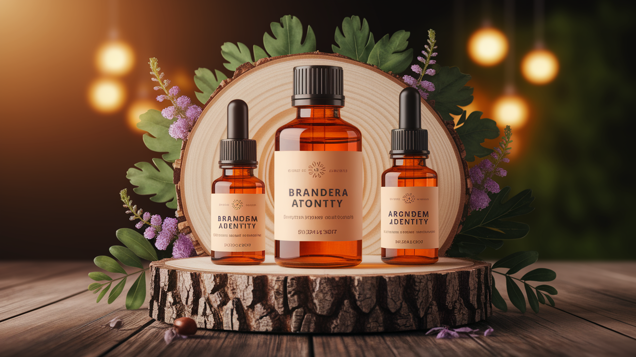 A conceptual illustration representing Benefits of Branded Aroma Identity for Small Businesses. Visualize the main ideas: . Creative but clear representation of the concept. Style: Use shallow depth of field with selective focus to create a professional, intimate feel Employ warm, natural lighting that casts a honey-golden glow on the main subjects Position items on a rustic wooden surface, preferably a cross-section of a tree trunk with visible rings and natural texture Incorporate vibrant green foliage and delicate purple flowers around the composition's edges Maintain a soft, gently blurred natural background with subtle bokeh effect Feature a harmonious color palette of amber, deep greens, and soft purples Arrange elements at varying heights to create visual interest and natural flow Create a clean, uncluttered composition that feels organic yet intentional Capture fine details and textures with macro-photography techniques Evoke a serene, botanical spa-like atmosphere that feels both premium and natural. high quality, detailed, professional, clean composition, good lighting, sharp focus, well-composed. high quality, professional, detailed, well-composed