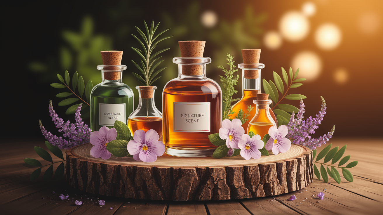 A conceptual illustration representing Crafting Your Signature Scent. Visualize the main ideas: . Creative but clear representation of the concept. Style: Use shallow depth of field with selective focus to create a professional, intimate feel Employ warm, natural lighting that casts a honey-golden glow on the main subjects Position items on a rustic wooden surface, preferably a cross-section of a tree trunk with visible rings and natural texture Incorporate vibrant green foliage and delicate purple flowers around the composition's edges Maintain a soft, gently blurred natural background with subtle bokeh effect Feature a harmonious color palette of amber, deep greens, and soft purples Arrange elements at varying heights to create visual interest and natural flow Create a clean, uncluttered composition that feels organic yet intentional Capture fine details and textures with macro-photography techniques Evoke a serene, botanical spa-like atmosphere that feels both premium and natural. high quality, detailed, professional, clean composition, good lighting, sharp focus, well-composed. high quality, professional, detailed, well-composed