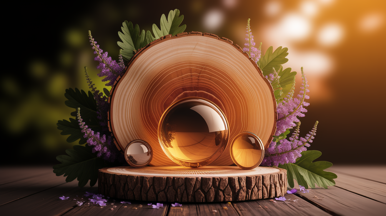 A conceptual illustration representing Real-World Inspiration. Visualize the main ideas: . Creative but clear representation of the concept. Style: Use shallow depth of field with selective focus to create a professional, intimate feel Employ warm, natural lighting that casts a honey-golden glow on the main subjects Position items on a rustic wooden surface, preferably a cross-section of a tree trunk with visible rings and natural texture Incorporate vibrant green foliage and delicate purple flowers around the composition's edges Maintain a soft, gently blurred natural background with subtle bokeh effect Feature a harmonious color palette of amber, deep greens, and soft purples Arrange elements at varying heights to create visual interest and natural flow Create a clean, uncluttered composition that feels organic yet intentional Capture fine details and textures with macro-photography techniques Evoke a serene, botanical spa-like atmosphere that feels both premium and natural. high quality, detailed, professional, clean composition, good lighting, sharp focus, well-composed. high quality, professional, detailed, well-composed