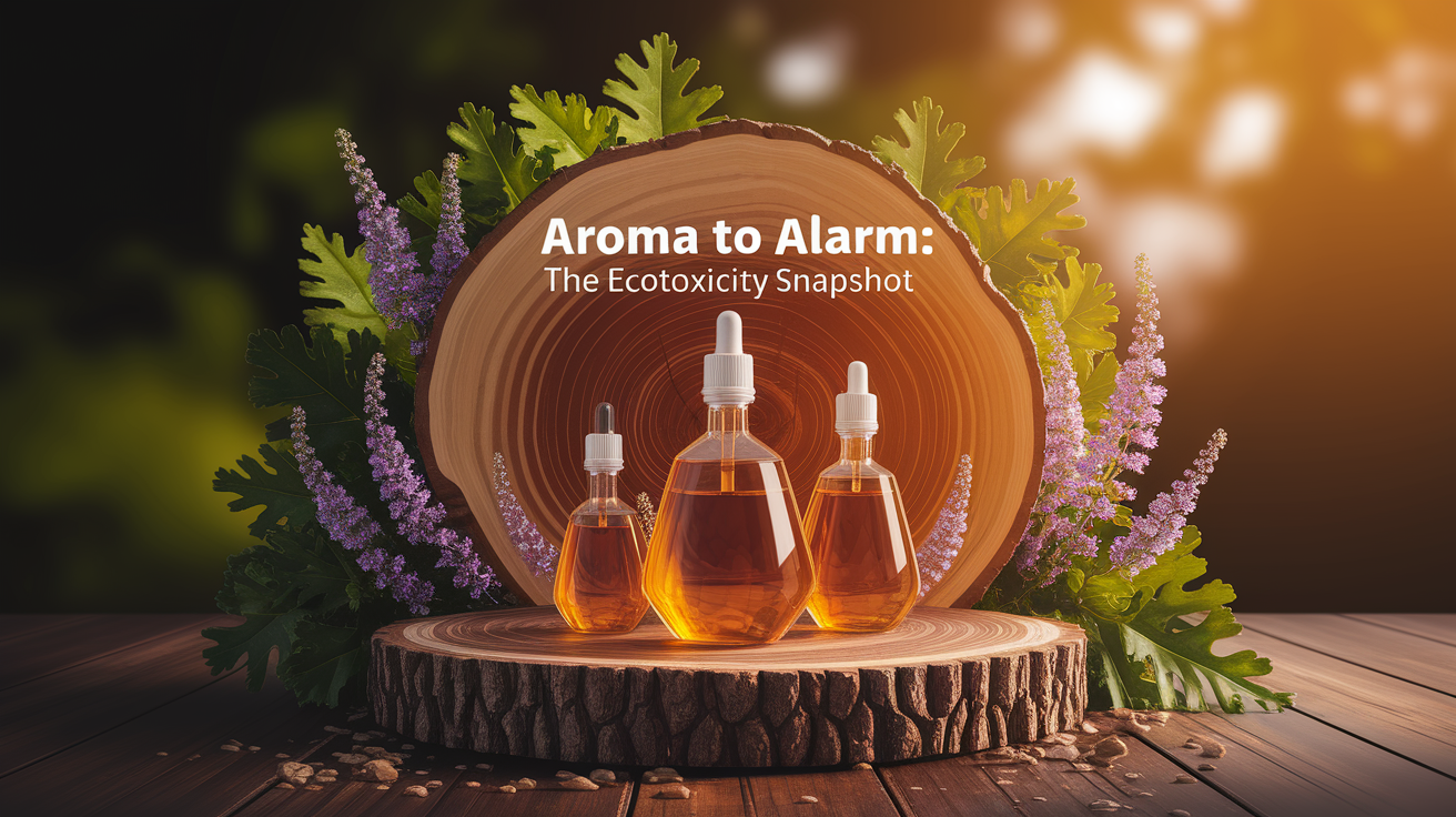 A conceptual illustration representing Introduction - Aroma to Alarm: The Ecotoxicity Snapshot. Visualize the main ideas: . Creative but clear representation of the concept. Style: Use shallow depth of field with selective focus to create a professional, intimate feel Employ warm, natural lighting that casts a honey-golden glow on the main subjects Position items on a rustic wooden surface, preferably a cross-section of a tree trunk with visible rings and natural texture Incorporate vibrant green foliage and delicate purple flowers around the composition's edges Maintain a soft, gently blurred natural background with subtle bokeh effect Feature a harmonious color palette of amber, deep greens, and soft purples Arrange elements at varying heights to create visual interest and natural flow Create a clean, uncluttered composition that feels organic yet intentional Capture fine details and textures with macro-photography techniques Evoke a serene, botanical spa-like atmosphere that feels both premium and natural. high quality, detailed, professional, clean composition, good lighting, sharp focus, well-composed. high quality, professional, detailed, well-composed