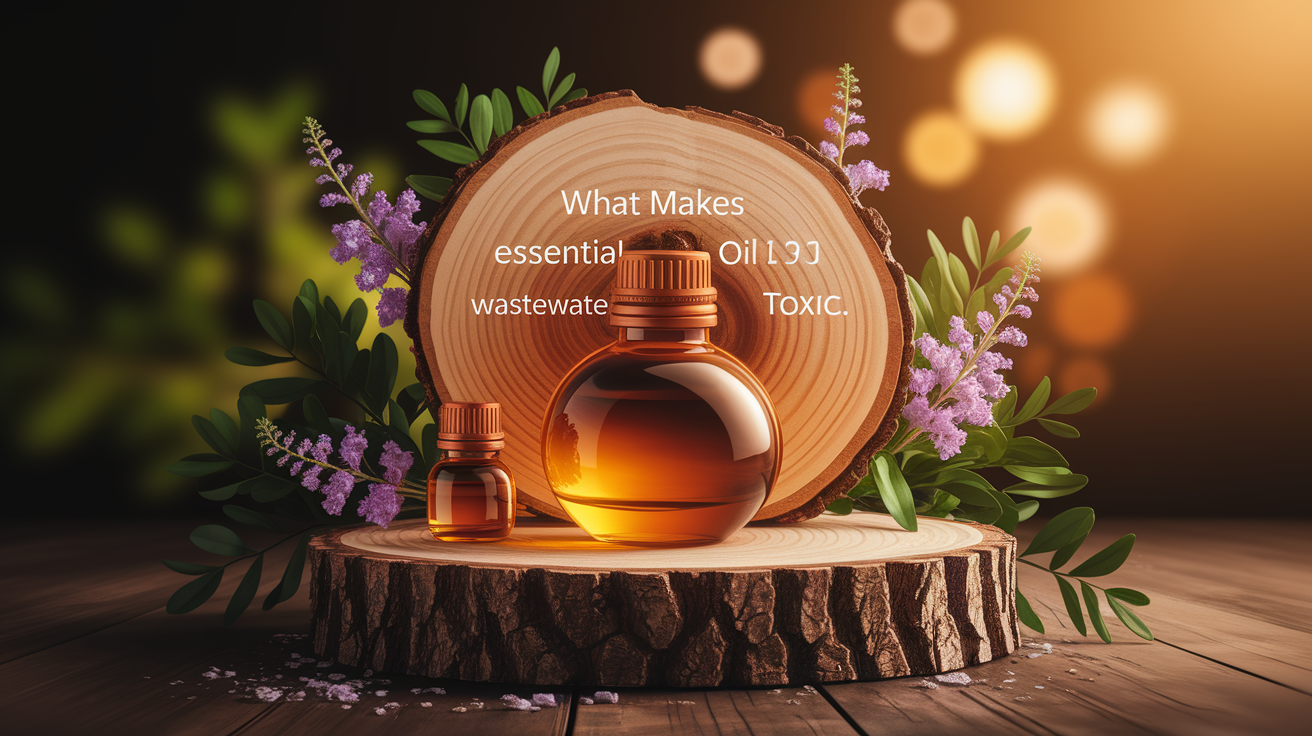 A conceptual illustration representing What Makes Essential Oil Wastewater Toxic. Visualize the main ideas: . Creative but clear representation of the concept. Style: Use shallow depth of field with selective focus to create a professional, intimate feel Employ warm, natural lighting that casts a honey-golden glow on the main subjects Position items on a rustic wooden surface, preferably a cross-section of a tree trunk with visible rings and natural texture Incorporate vibrant green foliage and delicate purple flowers around the composition's edges Maintain a soft, gently blurred natural background with subtle bokeh effect Feature a harmonious color palette of amber, deep greens, and soft purples Arrange elements at varying heights to create visual interest and natural flow Create a clean, uncluttered composition that feels organic yet intentional Capture fine details and textures with macro-photography techniques Evoke a serene, botanical spa-like atmosphere that feels both premium and natural. high quality, detailed, professional, clean composition, good lighting, sharp focus, well-composed. high quality, professional, detailed, well-composed