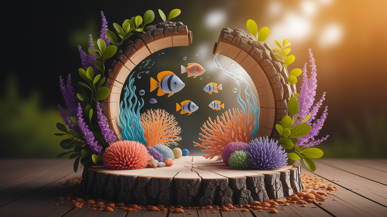 A conceptual illustration representing Environmental Impacts on Aquatic Ecosystems. Visualize the main ideas: . Creative but clear representation of the concept. Style: Use shallow depth of field with selective focus to create a professional, intimate feel Employ warm, natural lighting that casts a honey-golden glow on the main subjects Position items on a rustic wooden surface, preferably a cross-section of a tree trunk with visible rings and natural texture Incorporate vibrant green foliage and delicate purple flowers around the composition's edges Maintain a soft, gently blurred natural background with subtle bokeh effect Feature a harmonious color palette of amber, deep greens, and soft purples Arrange elements at varying heights to create visual interest and natural flow Create a clean, uncluttered composition that feels organic yet intentional Capture fine details and textures with macro-photography techniques Evoke a serene, botanical spa-like atmosphere that feels both premium and natural. high quality, detailed, professional, clean composition, good lighting, sharp focus, well-composed. high quality, professional, detailed, well-composed