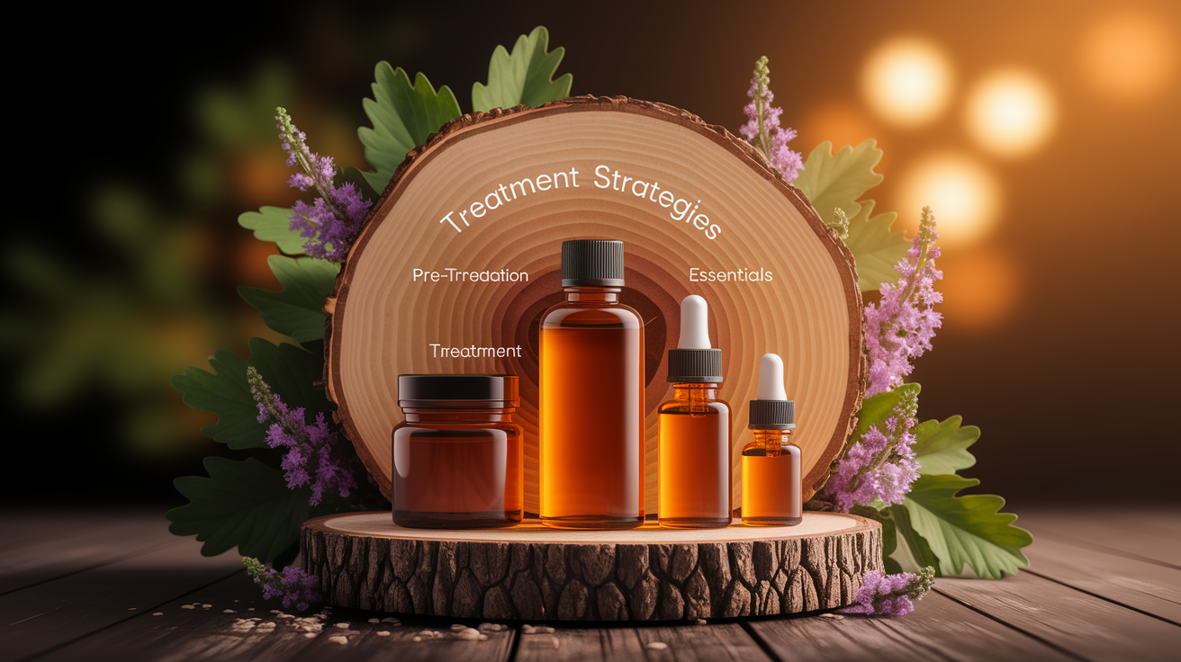 A conceptual illustration representing Treatment Strategies and Pre-Treatment Essentials. Visualize the main ideas: . Creative but clear representation of the concept. Style: Use shallow depth of field with selective focus to create a professional, intimate feel Employ warm, natural lighting that casts a honey-golden glow on the main subjects Position items on a rustic wooden surface, preferably a cross-section of a tree trunk with visible rings and natural texture Incorporate vibrant green foliage and delicate purple flowers around the composition's edges Maintain a soft, gently blurred natural background with subtle bokeh effect Feature a harmonious color palette of amber, deep greens, and soft purples Arrange elements at varying heights to create visual interest and natural flow Create a clean, uncluttered composition that feels organic yet intentional Capture fine details and textures with macro-photography techniques Evoke a serene, botanical spa-like atmosphere that feels both premium and natural. high quality, detailed, professional, clean composition, good lighting, sharp focus, well-composed. high quality, professional, detailed, well-composed