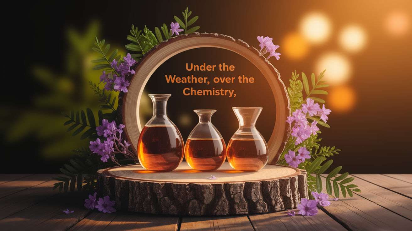 A conceptual illustration representing Under the Weather, Over the Chemistry. Visualize the main ideas: . Creative but clear representation of the concept. Style: Use shallow depth of field with selective focus to create a professional, intimate feel Employ warm, natural lighting that casts a honey-golden glow on the main subjects Position items on a rustic wooden surface, preferably a cross-section of a tree trunk with visible rings and natural texture Incorporate vibrant green foliage and delicate purple flowers around the composition's edges Maintain a soft, gently blurred natural background with subtle bokeh effect Feature a harmonious color palette of amber, deep greens, and soft purples Arrange elements at varying heights to create visual interest and natural flow Create a clean, uncluttered composition that feels organic yet intentional Capture fine details and textures with macro-photography techniques Evoke a serene, botanical spa-like atmosphere that feels both premium and natural. high quality, detailed, professional, clean composition, good lighting, sharp focus, well-composed. high quality, professional, detailed, well-composed