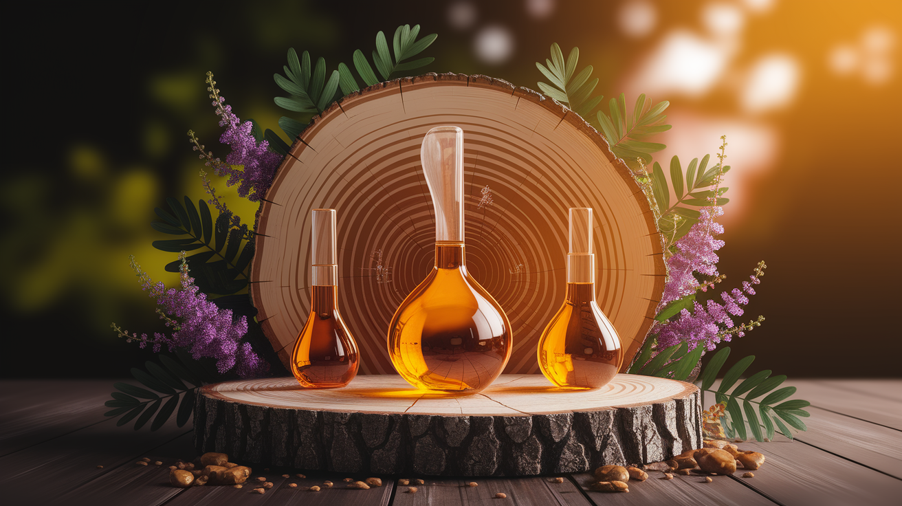 A conceptual illustration representing Temperature’s Tight Grip on Chemotype Dynamics. Visualize the main ideas: . Creative but clear representation of the concept. Style: Use shallow depth of field with selective focus to create a professional, intimate feel Employ warm, natural lighting that casts a honey-golden glow on the main subjects Position items on a rustic wooden surface, preferably a cross-section of a tree trunk with visible rings and natural texture Incorporate vibrant green foliage and delicate purple flowers around the composition's edges Maintain a soft, gently blurred natural background with subtle bokeh effect Feature a harmonious color palette of amber, deep greens, and soft purples Arrange elements at varying heights to create visual interest and natural flow Create a clean, uncluttered composition that feels organic yet intentional Capture fine details and textures with macro-photography techniques Evoke a serene, botanical spa-like atmosphere that feels both premium and natural. high quality, detailed, professional, clean composition, good lighting, sharp focus, well-composed. high quality, professional, detailed, well-composed