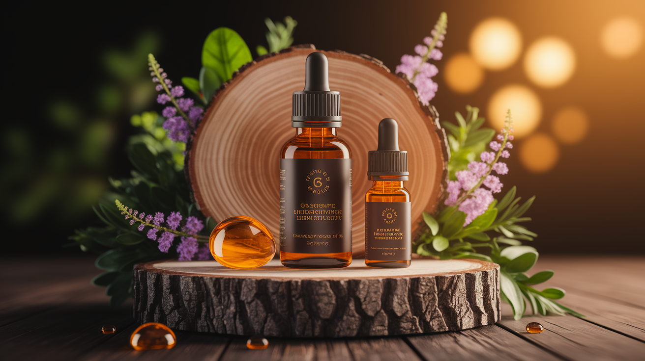 A conceptual illustration representing A Drop of Gold: Unlocking Athletic Gains with Transdermal Essential Oils. Visualize the main ideas: . Creative but clear representation of the concept. Style: Use shallow depth of field with selective focus to create a professional, intimate feel  Employ warm, natural lighting that casts a honey-golden glow on the main subjects  Position items on a rustic wooden surface, preferably a cross-section of a tree trunk with visible rings and natural texture  Incorporate vibrant green foliage and delicate purple flowers around the composition's edges  Maintain a soft, gently blurred natural background with subtle bokeh effect  Feature a harmonious color palette of amber, deep greens, and soft purples  Arrange elements at varying heights to create visual interest and natural flow  Create a clean, uncluttered composition that feels organic yet intentional  Capture fine details and textures with macro-photography techniques  Evoke a serene, botanical spa-like atmosphere that feels both premium and natural. high quality, detailed, professional, clean composition, good lighting, sharp focus, well-composed. high quality, professional, detailed, well-composed