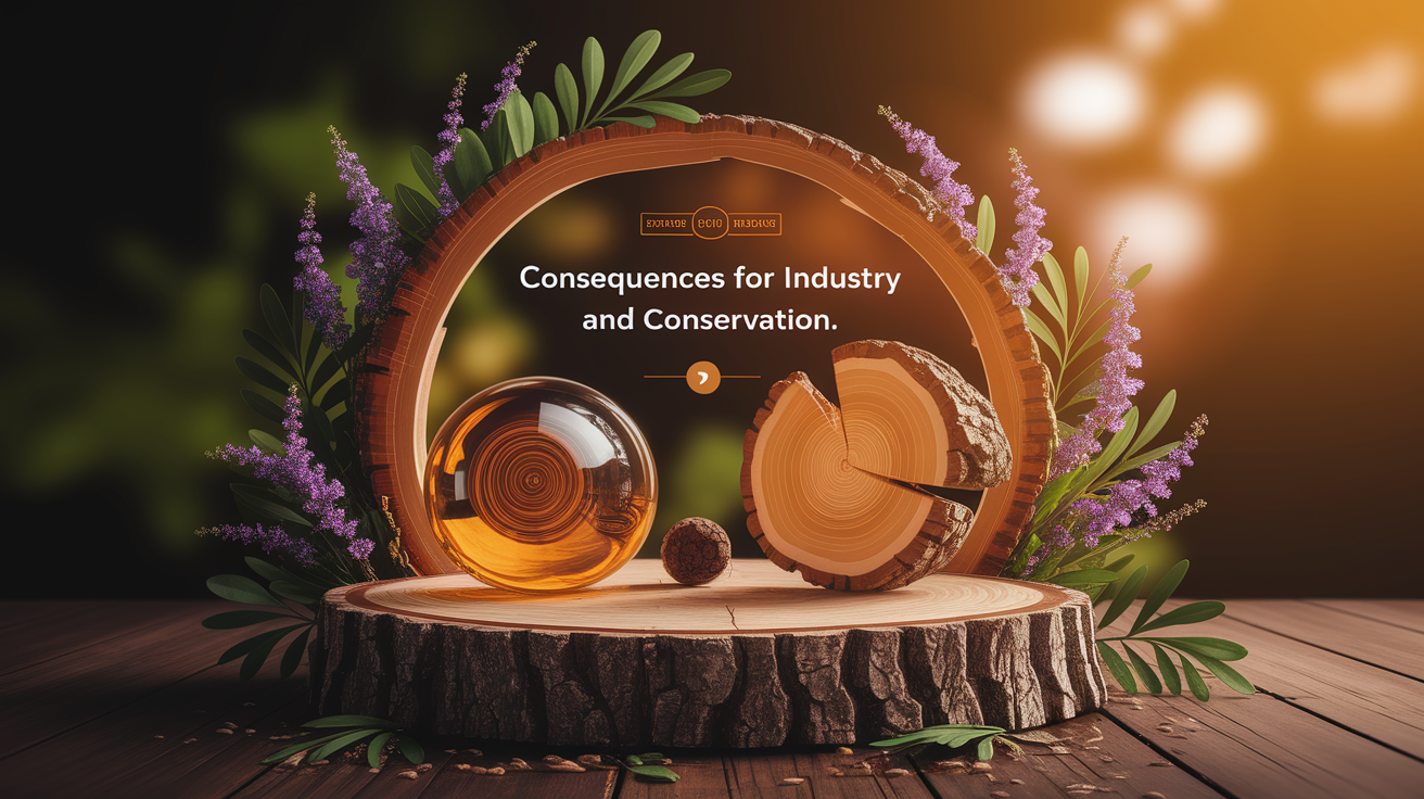 A conceptual illustration representing Consequences for Industry and Conservation. Visualize the main ideas: . Creative but clear representation of the concept. Style: Use shallow depth of field with selective focus to create a professional, intimate feel Employ warm, natural lighting that casts a honey-golden glow on the main subjects Position items on a rustic wooden surface, preferably a cross-section of a tree trunk with visible rings and natural texture Incorporate vibrant green foliage and delicate purple flowers around the composition's edges Maintain a soft, gently blurred natural background with subtle bokeh effect Feature a harmonious color palette of amber, deep greens, and soft purples Arrange elements at varying heights to create visual interest and natural flow Create a clean, uncluttered composition that feels organic yet intentional Capture fine details and textures with macro-photography techniques Evoke a serene, botanical spa-like atmosphere that feels both premium and natural. high quality, detailed, professional, clean composition, good lighting, sharp focus, well-composed. high quality, professional, detailed, well-composed