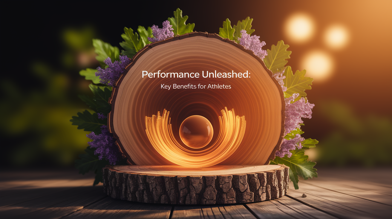 A conceptual illustration representing Performance Unleashed: Key Benefits for Athletes. Visualize the main ideas: . Creative but clear representation of the concept. Style: Use shallow depth of field with selective focus to create a professional, intimate feel  Employ warm, natural lighting that casts a honey-golden glow on the main subjects  Position items on a rustic wooden surface, preferably a cross-section of a tree trunk with visible rings and natural texture  Incorporate vibrant green foliage and delicate purple flowers around the composition's edges  Maintain a soft, gently blurred natural background with subtle bokeh effect  Feature a harmonious color palette of amber, deep greens, and soft purples  Arrange elements at varying heights to create visual interest and natural flow  Create a clean, uncluttered composition that feels organic yet intentional  Capture fine details and textures with macro-photography techniques  Evoke a serene, botanical spa-like atmosphere that feels both premium and natural. high quality, detailed, professional, clean composition, good lighting, sharp focus, well-composed. high quality, professional, detailed, well-composed