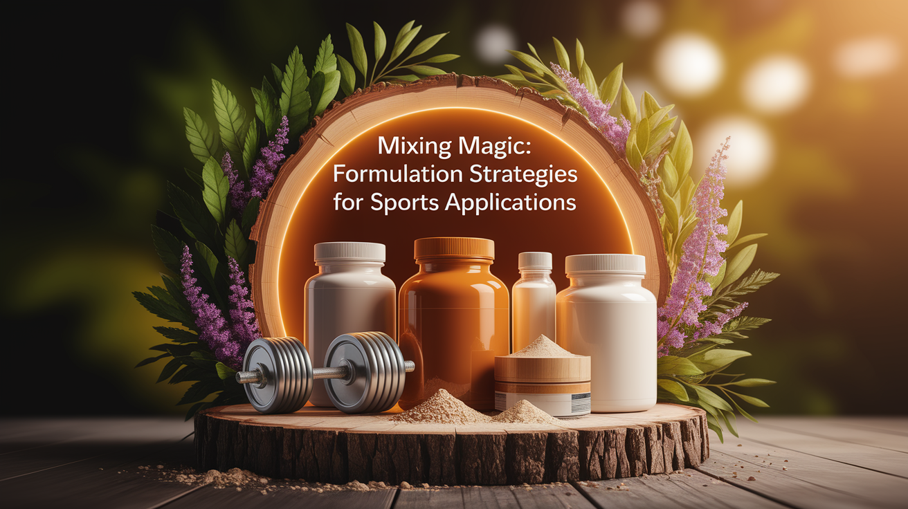 A conceptual illustration representing Mixing Magic: Formulation Strategies for Sports Applications. Visualize the main ideas: . Creative but clear representation of the concept. Style: Use shallow depth of field with selective focus to create a professional, intimate feel  Employ warm, natural lighting that casts a honey-golden glow on the main subjects  Position items on a rustic wooden surface, preferably a cross-section of a tree trunk with visible rings and natural texture  Incorporate vibrant green foliage and delicate purple flowers around the composition's edges  Maintain a soft, gently blurred natural background with subtle bokeh effect  Feature a harmonious color palette of amber, deep greens, and soft purples  Arrange elements at varying heights to create visual interest and natural flow  Create a clean, uncluttered composition that feels organic yet intentional  Capture fine details and textures with macro-photography techniques  Evoke a serene, botanical spa-like atmosphere that feels both premium and natural. high quality, detailed, professional, clean composition, good lighting, sharp focus, well-composed. high quality, professional, detailed, well-composed