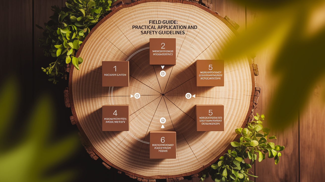 A clear, step-by-step visual illustration showing Field Guide: Practical Application and Safety Guidelines. Focus on . Include visual elements like arrows, numbered steps, or sequential flow. Professional and instructional style. Style: Use shallow depth of field with selective focus to create a professional, intimate feel  Employ warm, natural lighting that casts a honey-golden glow on the main subjects  Position items on a rustic wooden surface, preferably a cross-section of a tree trunk with visible rings and natural texture  Incorporate vibrant green foliage and delicate purple flowers around the composition's edges  Maintain a soft, gently blurred natural background with subtle bokeh effect  Feature a harmonious color palette of amber, deep greens, and soft purples  Arrange elements at varying heights to create visual interest and natural flow  Create a clean, uncluttered composition that feels organic yet intentional  Capture fine details and textures with macro-photography techniques  Evoke a serene, botanical spa-like atmosphere that feels both premium and natural. high quality, detailed, professional, clean composition, good lighting, sharp focus, well-composed. high quality, professional, detailed, well-composed