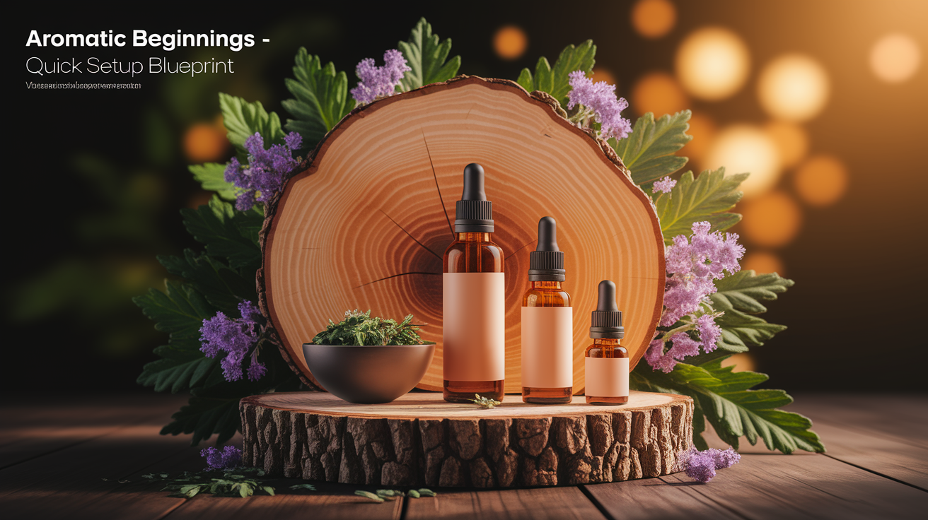 A conceptual illustration representing Aromatic Beginnings â Quick Setup Blueprint. Visualize the main ideas: . Creative but clear representation of the concept. Style: Use shallow depth of field with selective focus to create a professional, intimate feel Employ warm, natural lighting that casts a honey-golden glow on the main subjects Position items on a rustic wooden surface, preferably a cross-section of a tree trunk with visible rings and natural texture Incorporate vibrant green foliage and delicate purple flowers around the composition's edges Maintain a soft, gently blurred natural background with subtle bokeh effect Feature a harmonious color palette of amber, deep greens, and soft purples Arrange elements at varying heights to create visual interest and natural flow Create a clean, uncluttered composition that feels organic yet intentional Capture fine details and textures with macro-photography techniques Evoke a serene, botanical spa-like atmosphere that feels both premium and natural. high quality, detailed, professional, clean composition, good lighting, sharp focus, well-composed. high quality, professional, detailed, well-composed