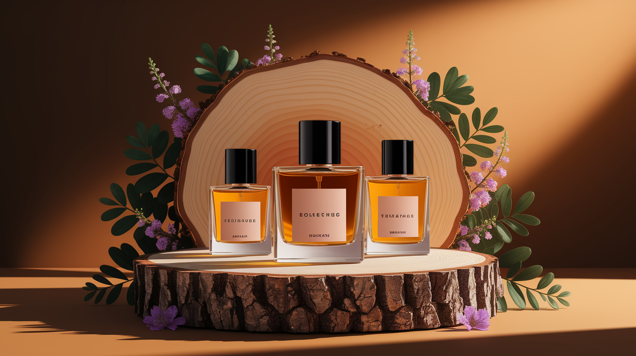 A conceptual illustration representing Selecting and Training Your Fragrance Experts. Visualize the main ideas: . Creative but clear representation of the concept. Style: Use shallow depth of field with selective focus to create a professional, intimate feel Employ warm, natural lighting that casts a honey-golden glow on the main subjects Position items on a rustic wooden surface, preferably a cross-section of a tree trunk with visible rings and natural texture Incorporate vibrant green foliage and delicate purple flowers around the composition's edges Maintain a soft, gently blurred natural background with subtle bokeh effect Feature a harmonious color palette of amber, deep greens, and soft purples Arrange elements at varying heights to create visual interest and natural flow Create a clean, uncluttered composition that feels organic yet intentional Capture fine details and textures with macro-photography techniques Evoke a serene, botanical spa-like atmosphere that feels both premium and natural. high quality, detailed, professional, clean composition, good lighting, sharp focus, well-composed. high quality, professional, detailed, well-composed