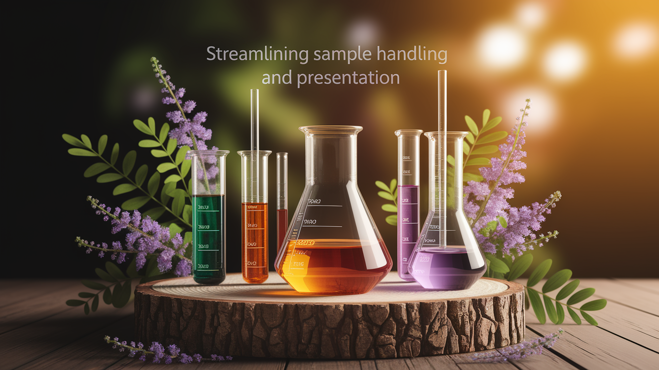A conceptual illustration representing Streamlining Sample Handling and Presentation. Visualize the main ideas: . Creative but clear representation of the concept. Style: Use shallow depth of field with selective focus to create a professional, intimate feel Employ warm, natural lighting that casts a honey-golden glow on the main subjects Position items on a rustic wooden surface, preferably a cross-section of a tree trunk with visible rings and natural texture Incorporate vibrant green foliage and delicate purple flowers around the composition's edges Maintain a soft, gently blurred natural background with subtle bokeh effect Feature a harmonious color palette of amber, deep greens, and soft purples Arrange elements at varying heights to create visual interest and natural flow Create a clean, uncluttered composition that feels organic yet intentional Capture fine details and textures with macro-photography techniques Evoke a serene, botanical spa-like atmosphere that feels both premium and natural. high quality, detailed, professional, clean composition, good lighting, sharp focus, well-composed. high quality, professional, detailed, well-composed