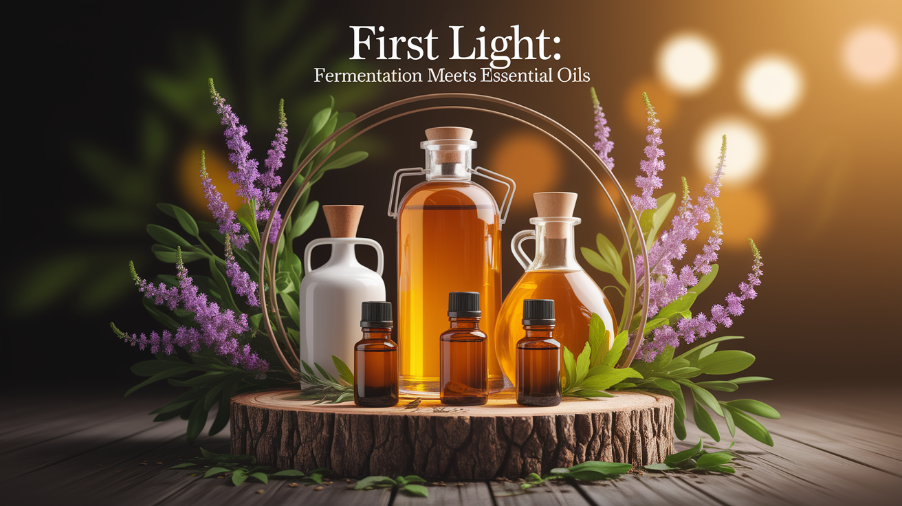 A conceptual illustration representing First Light: Fermentation Meets Essential Oils. Visualize the main ideas: . Creative but clear representation of the concept. Style: Use shallow depth of field with selective focus to create a professional, intimate feel Employ warm, natural lighting that casts a honey-golden glow on the main subjects Position items on a rustic wooden surface, preferably a cross-section of a tree trunk with visible rings and natural texture Incorporate vibrant green foliage and delicate purple flowers around the composition's edges Maintain a soft, gently blurred natural background with subtle bokeh effect Feature a harmonious color palette of amber, deep greens, and soft purples Arrange elements at varying heights to create visual interest and natural flow Create a clean, uncluttered composition that feels organic yet intentional Capture fine details and textures with macro-photography techniques Evoke a serene, botanical spa-like atmosphere that feels both premium and natural. high quality, detailed, professional, clean composition, good lighting, sharp focus, well-composed. high quality, professional, detailed, well-composed