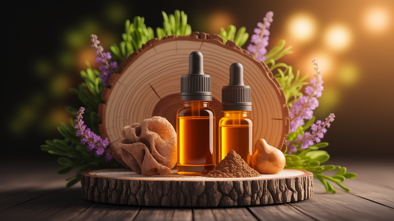 A conceptual illustration representing Unlocking Synergy: Benefits of Pairing Essential Oils with Fermented Ingredients. Visualize the main ideas: . Creative but clear representation of the concept. Style: Use shallow depth of field with selective focus to create a professional, intimate feel Employ warm, natural lighting that casts a honey-golden glow on the main subjects Position items on a rustic wooden surface, preferably a cross-section of a tree trunk with visible rings and natural texture Incorporate vibrant green foliage and delicate purple flowers around the composition's edges Maintain a soft, gently blurred natural background with subtle bokeh effect Feature a harmonious color palette of amber, deep greens, and soft purples Arrange elements at varying heights to create visual interest and natural flow Create a clean, uncluttered composition that feels organic yet intentional Capture fine details and textures with macro-photography techniques Evoke a serene, botanical spa-like atmosphere that feels both premium and natural. high quality, detailed, professional, clean composition, good lighting, sharp focus, well-composed. high quality, professional, detailed, well-composed