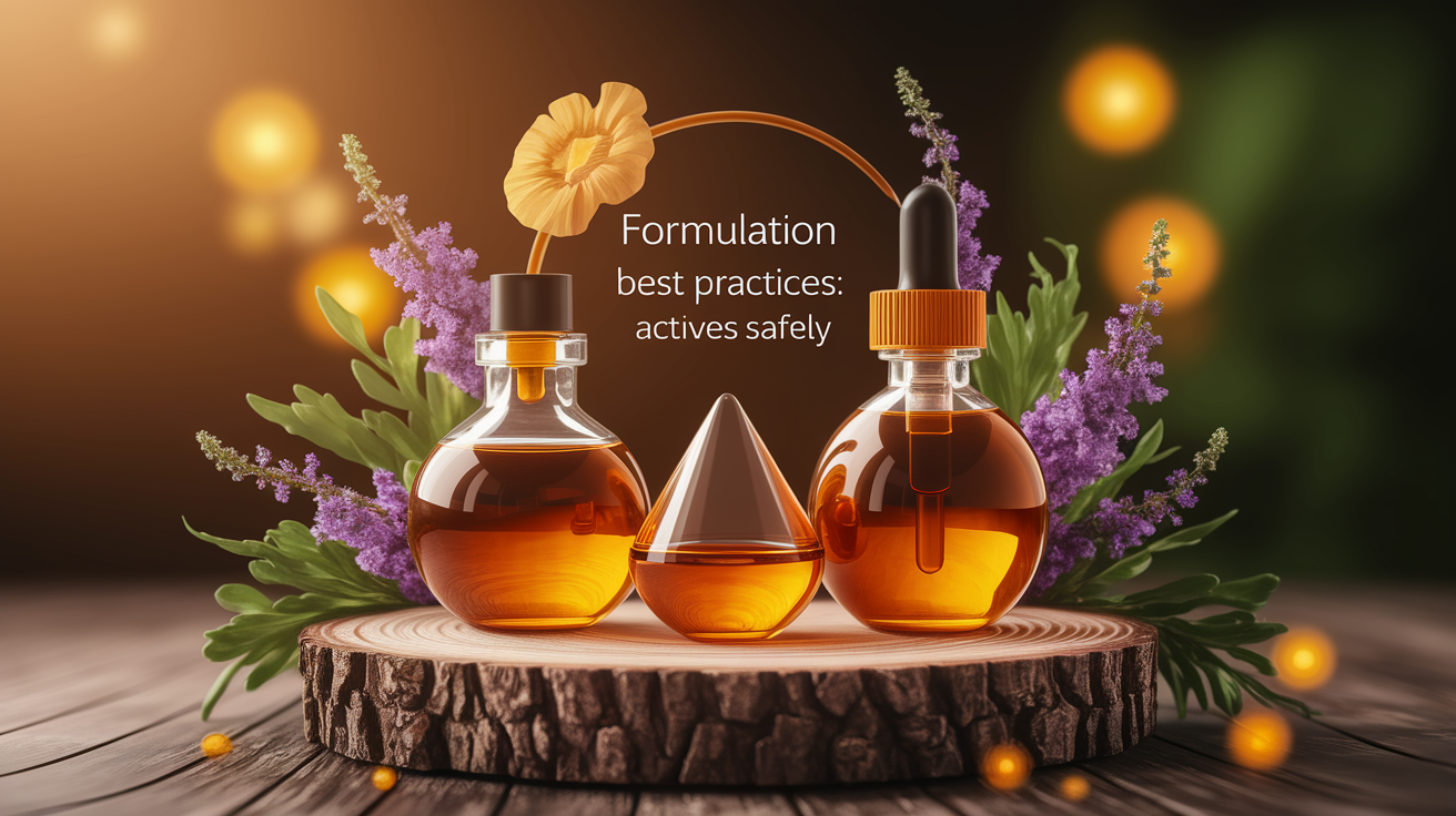 A conceptual illustration representing Formulation Best Practices: Balancing Actives Safely. Visualize the main ideas: . Creative but clear representation of the concept. Style: Use shallow depth of field with selective focus to create a professional, intimate feel Employ warm, natural lighting that casts a honey-golden glow on the main subjects Position items on a rustic wooden surface, preferably a cross-section of a tree trunk with visible rings and natural texture Incorporate vibrant green foliage and delicate purple flowers around the composition's edges Maintain a soft, gently blurred natural background with subtle bokeh effect Feature a harmonious color palette of amber, deep greens, and soft purples Arrange elements at varying heights to create visual interest and natural flow Create a clean, uncluttered composition that feels organic yet intentional Capture fine details and textures with macro-photography techniques Evoke a serene, botanical spa-like atmosphere that feels both premium and natural. high quality, detailed, professional, clean composition, good lighting, sharp focus, well-composed. high quality, professional, detailed, well-composed
