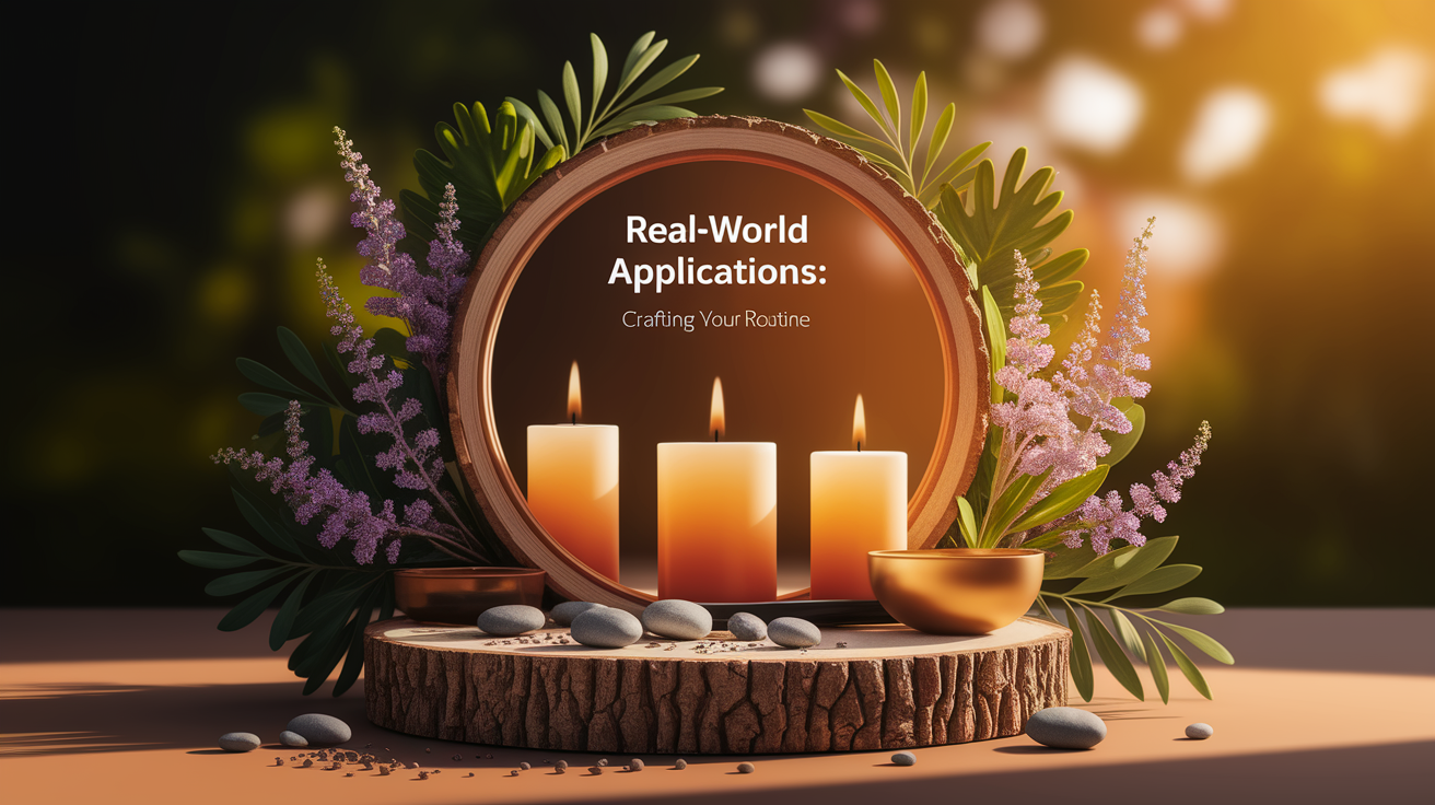 A conceptual illustration representing Real-World Applications: Crafting Your Routine. Visualize the main ideas: . Creative but clear representation of the concept. Style: Use shallow depth of field with selective focus to create a professional, intimate feel Employ warm, natural lighting that casts a honey-golden glow on the main subjects Position items on a rustic wooden surface, preferably a cross-section of a tree trunk with visible rings and natural texture Incorporate vibrant green foliage and delicate purple flowers around the composition's edges Maintain a soft, gently blurred natural background with subtle bokeh effect Feature a harmonious color palette of amber, deep greens, and soft purples Arrange elements at varying heights to create visual interest and natural flow Create a clean, uncluttered composition that feels organic yet intentional Capture fine details and textures with macro-photography techniques Evoke a serene, botanical spa-like atmosphere that feels both premium and natural. high quality, detailed, professional, clean composition, good lighting, sharp focus, well-composed. high quality, professional, detailed, well-composed