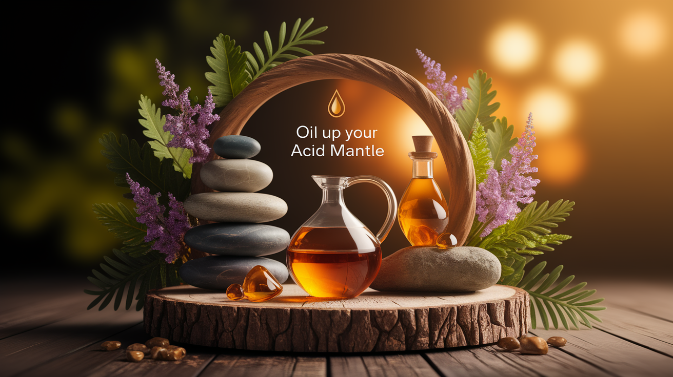 A conceptual illustration representing Oil Up Your Acid Mantle. Visualize the main ideas: . Creative but clear representation of the concept. Style: Use shallow depth of field with selective focus to create a professional, intimate feel  Employ warm, natural lighting that casts a honey-golden glow on the main subjects  Position items on a rustic wooden surface, preferably a cross-section of a tree trunk with visible rings and natural texture  Incorporate vibrant green foliage and delicate purple flowers around the composition's edges  Maintain a soft, gently blurred natural background with subtle bokeh effect  Feature a harmonious color palette of amber, deep greens, and soft purples  Arrange elements at varying heights to create visual interest and natural flow  Create a clean, uncluttered composition that feels organic yet intentional  Capture fine details and textures with macro-photography techniques  Evoke a serene, botanical spa-like atmosphere that feels both premium and natural. high quality, detailed, professional, clean composition, good lighting, sharp focus, well-composed. high quality, professional, detailed, well-composed