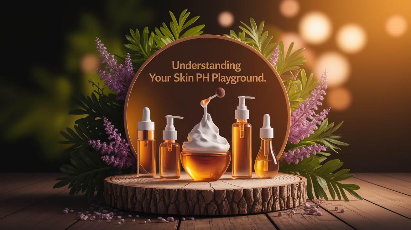 A conceptual illustration representing Understanding Your Skinâ€™s pH Playground. Visualize the main ideas: . Creative but clear representation of the concept. Style: Use shallow depth of field with selective focus to create a professional, intimate feel  Employ warm, natural lighting that casts a honey-golden glow on the main subjects  Position items on a rustic wooden surface, preferably a cross-section of a tree trunk with visible rings and natural texture  Incorporate vibrant green foliage and delicate purple flowers around the composition's edges  Maintain a soft, gently blurred natural background with subtle bokeh effect  Feature a harmonious color palette of amber, deep greens, and soft purples  Arrange elements at varying heights to create visual interest and natural flow  Create a clean, uncluttered composition that feels organic yet intentional  Capture fine details and textures with macro-photography techniques  Evoke a serene, botanical spa-like atmosphere that feels both premium and natural. high quality, detailed, professional, clean composition, good lighting, sharp focus, well-composed. high quality, professional, detailed, well-composed