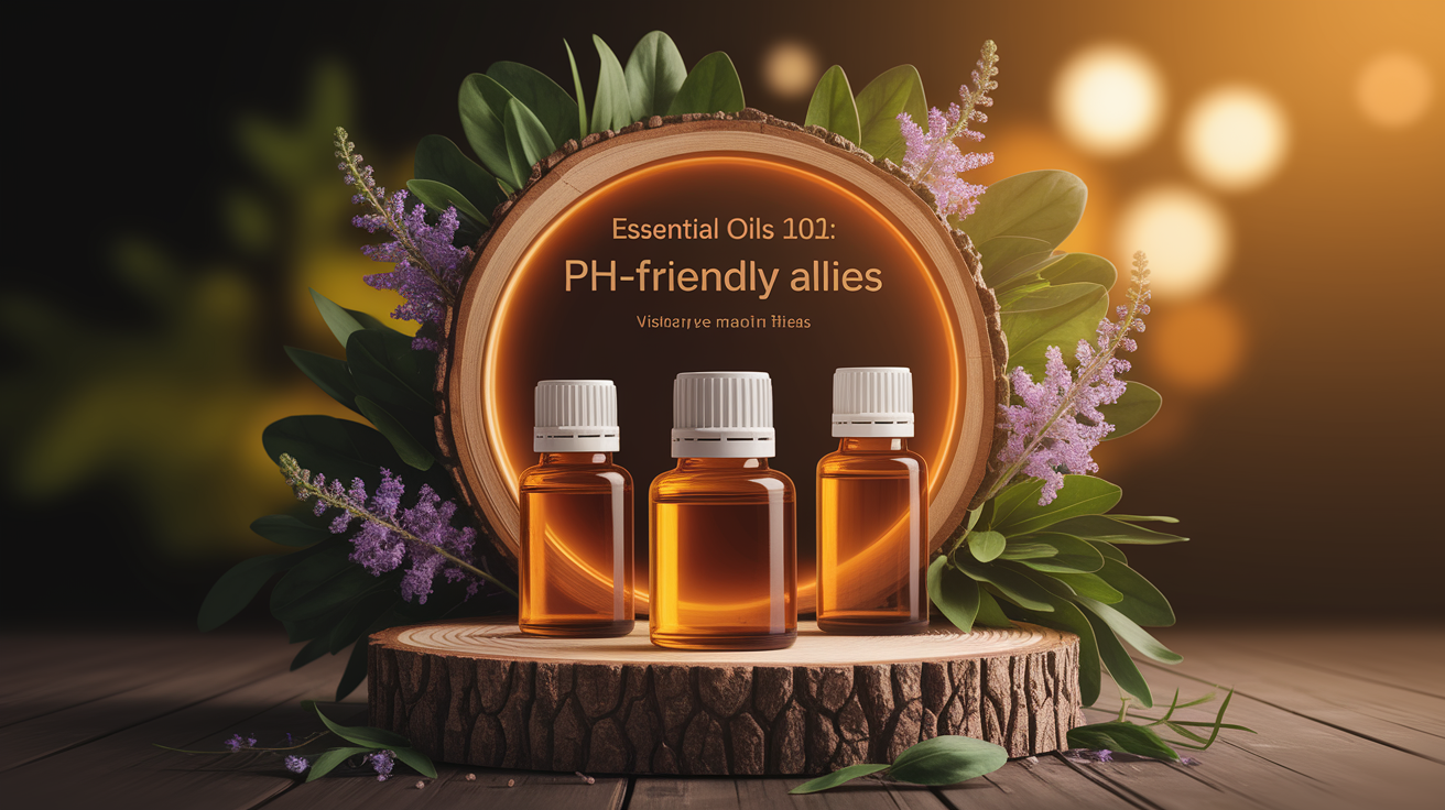 A conceptual illustration representing Essential Oils 101: pH-Friendly Allies. Visualize the main ideas: . Creative but clear representation of the concept. Style: Use shallow depth of field with selective focus to create a professional, intimate feel  Employ warm, natural lighting that casts a honey-golden glow on the main subjects  Position items on a rustic wooden surface, preferably a cross-section of a tree trunk with visible rings and natural texture  Incorporate vibrant green foliage and delicate purple flowers around the composition's edges  Maintain a soft, gently blurred natural background with subtle bokeh effect  Feature a harmonious color palette of amber, deep greens, and soft purples  Arrange elements at varying heights to create visual interest and natural flow  Create a clean, uncluttered composition that feels organic yet intentional  Capture fine details and textures with macro-photography techniques  Evoke a serene, botanical spa-like atmosphere that feels both premium and natural. high quality, detailed, professional, clean composition, good lighting, sharp focus, well-composed. high quality, professional, detailed, well-composed