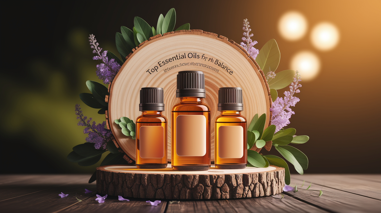 A conceptual illustration representing Top Essential Oils for pH Balance. Visualize the main ideas: . Creative but clear representation of the concept. Style: Use shallow depth of field with selective focus to create a professional, intimate feel  Employ warm, natural lighting that casts a honey-golden glow on the main subjects  Position items on a rustic wooden surface, preferably a cross-section of a tree trunk with visible rings and natural texture  Incorporate vibrant green foliage and delicate purple flowers around the composition's edges  Maintain a soft, gently blurred natural background with subtle bokeh effect  Feature a harmonious color palette of amber, deep greens, and soft purples  Arrange elements at varying heights to create visual interest and natural flow  Create a clean, uncluttered composition that feels organic yet intentional  Capture fine details and textures with macro-photography techniques  Evoke a serene, botanical spa-like atmosphere that feels both premium and natural. high quality, detailed, professional, clean composition, good lighting, sharp focus, well-composed. high quality, professional, detailed, well-composed