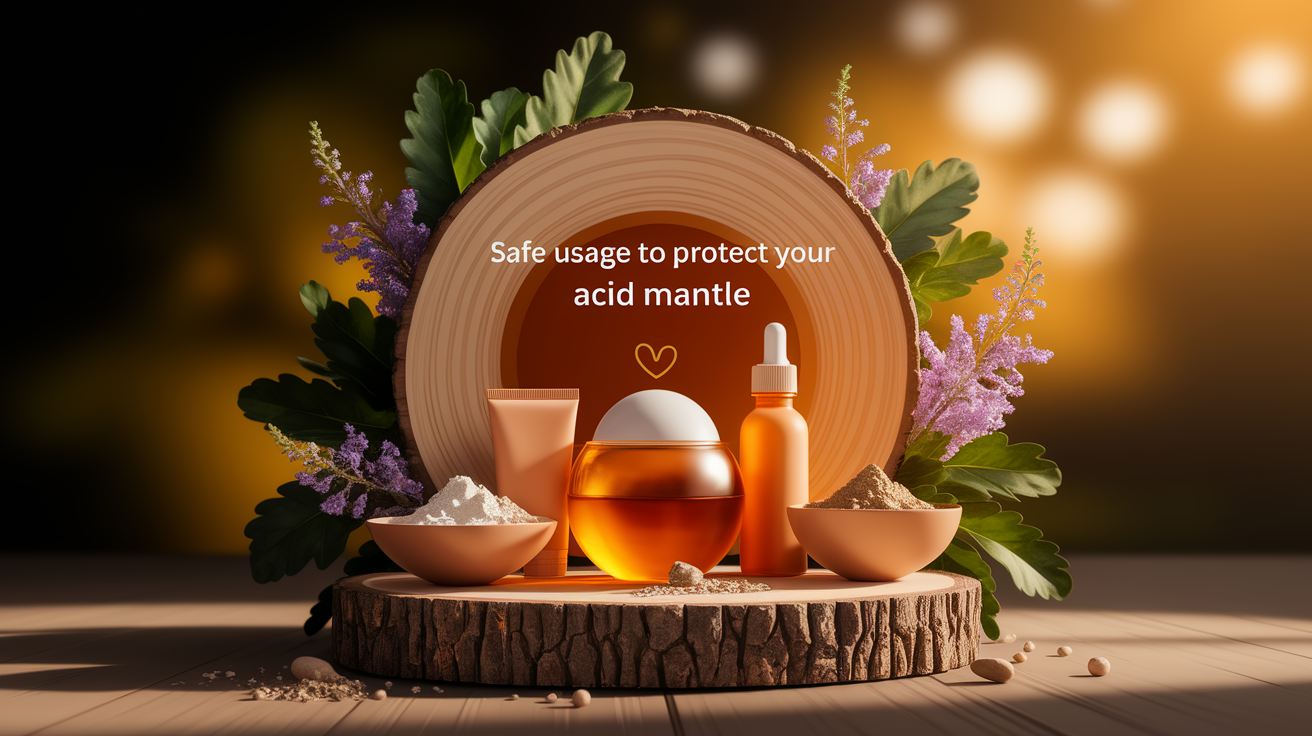 A conceptual illustration representing Safe Usage to Protect Your Acid Mantle. Visualize the main ideas: . Creative but clear representation of the concept. Style: Use shallow depth of field with selective focus to create a professional, intimate feel  Employ warm, natural lighting that casts a honey-golden glow on the main subjects  Position items on a rustic wooden surface, preferably a cross-section of a tree trunk with visible rings and natural texture  Incorporate vibrant green foliage and delicate purple flowers around the composition's edges  Maintain a soft, gently blurred natural background with subtle bokeh effect  Feature a harmonious color palette of amber, deep greens, and soft purples  Arrange elements at varying heights to create visual interest and natural flow  Create a clean, uncluttered composition that feels organic yet intentional  Capture fine details and textures with macro-photography techniques  Evoke a serene, botanical spa-like atmosphere that feels both premium and natural. high quality, detailed, professional, clean composition, good lighting, sharp focus, well-composed. high quality, professional, detailed, well-composed