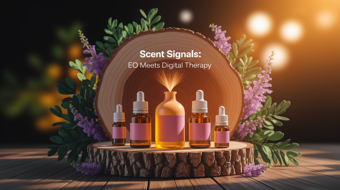 A conceptual illustration representing Introduction - Scent Signals: EO Meets Digital Therapy. Visualize the main ideas: . Creative but clear representation of the concept. Style: Use shallow depth of field with selective focus to create a professional, intimate feel  Employ warm, natural lighting that casts a honey-golden glow on the main subjects  Position items on a rustic wooden surface, preferably a cross-section of a tree trunk with visible rings and natural texture  Incorporate vibrant green foliage and delicate purple flowers around the composition's edges  Maintain a soft, gently blurred natural background with subtle bokeh effect  Feature a harmonious color palette of amber, deep greens, and soft purples  Arrange elements at varying heights to create visual interest and natural flow  Create a clean, uncluttered composition that feels organic yet intentional  Capture fine details and textures with macro-photography techniques  Evoke a serene, botanical spa-like atmosphere that feels both premium and natural. high quality, detailed, professional, clean composition, good lighting, sharp focus, well-composed. high quality, professional, detailed, well-composed